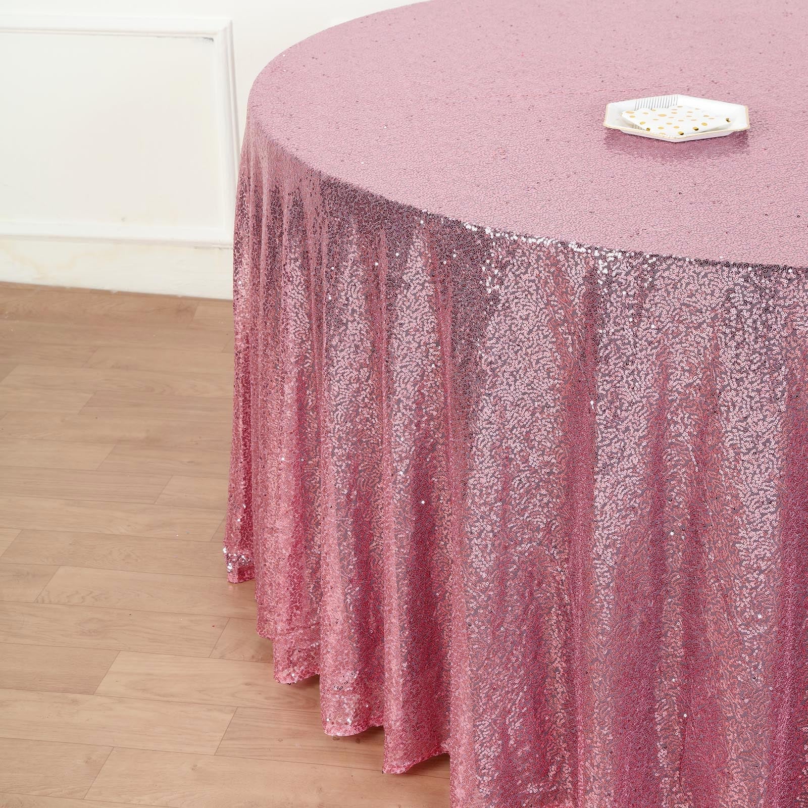 132 Pink Seamless Sequin Round Tablecloth, Sparkly Tablecloth