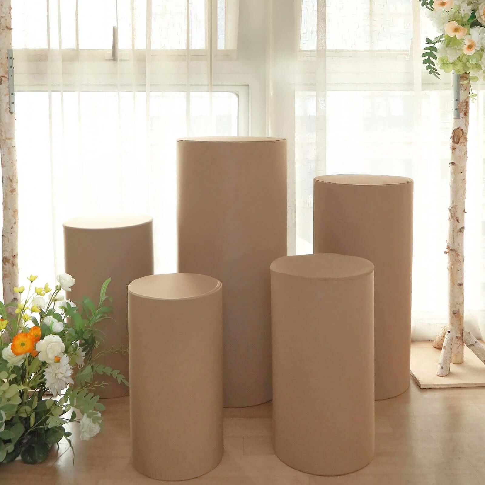 Set of 5 Taupe Spandex Cylinder Pedestal Stand Covers, Stretchable Pillar Prop Covers - 160 GSM