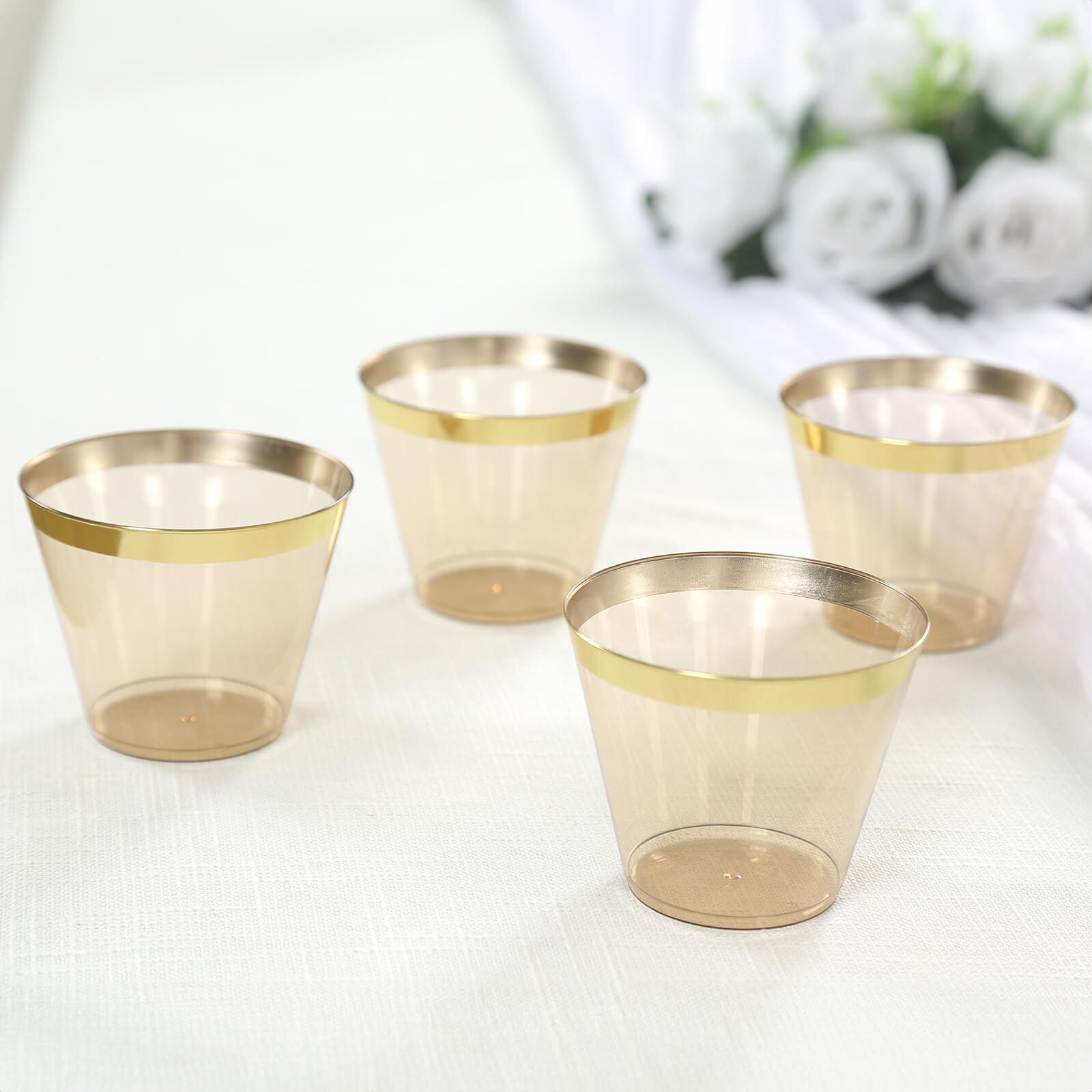 25-Pack Plastic Party Cups Transparent Amber Gold Crystal with Gold Rim - Stylish Short Disposable Glasses 9oz