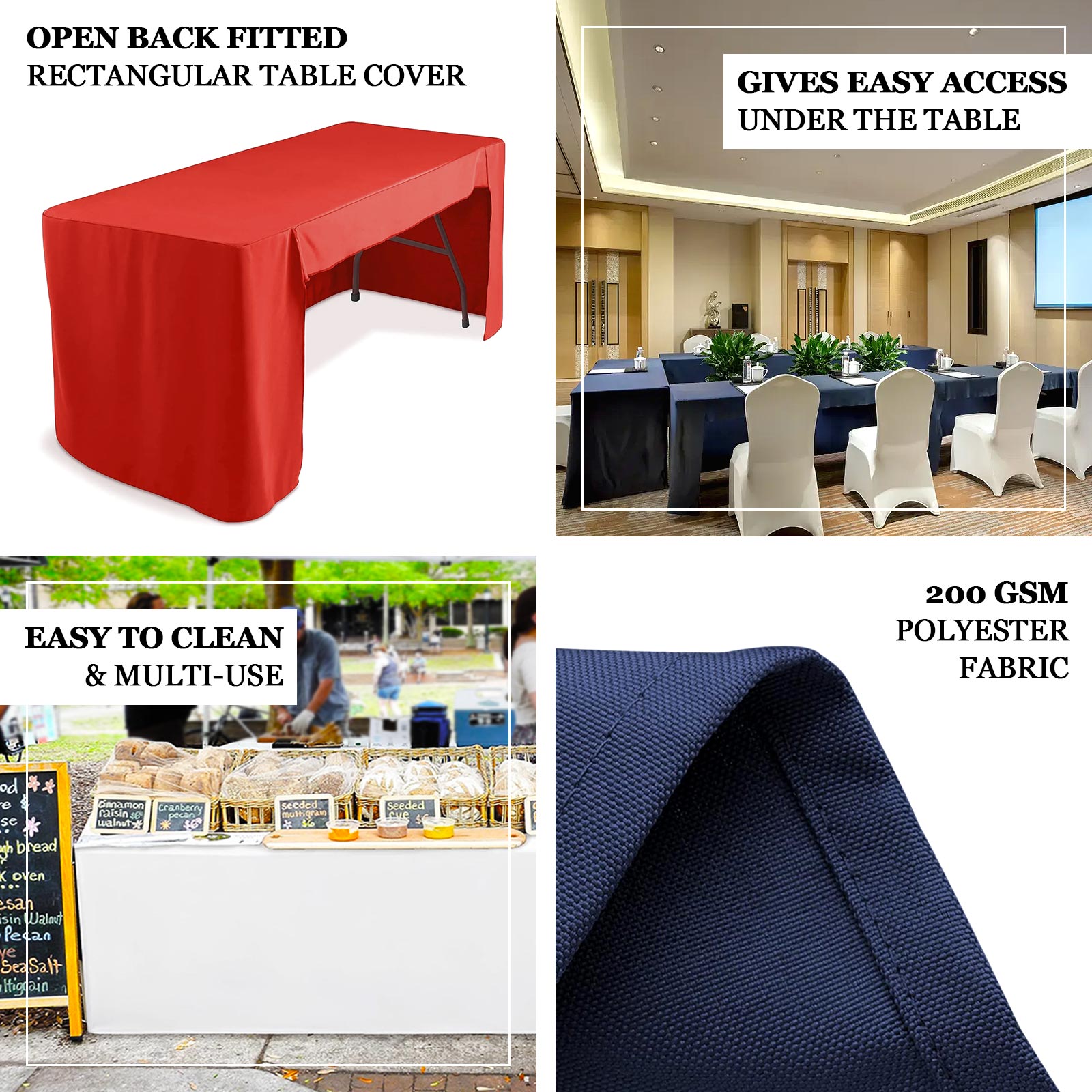 Fitted Polyester 72x30 Rectangle Tablecloth Navy Blue with Open Back Design - Easy to Maintain and Wrinkle-Resistant Table Cover