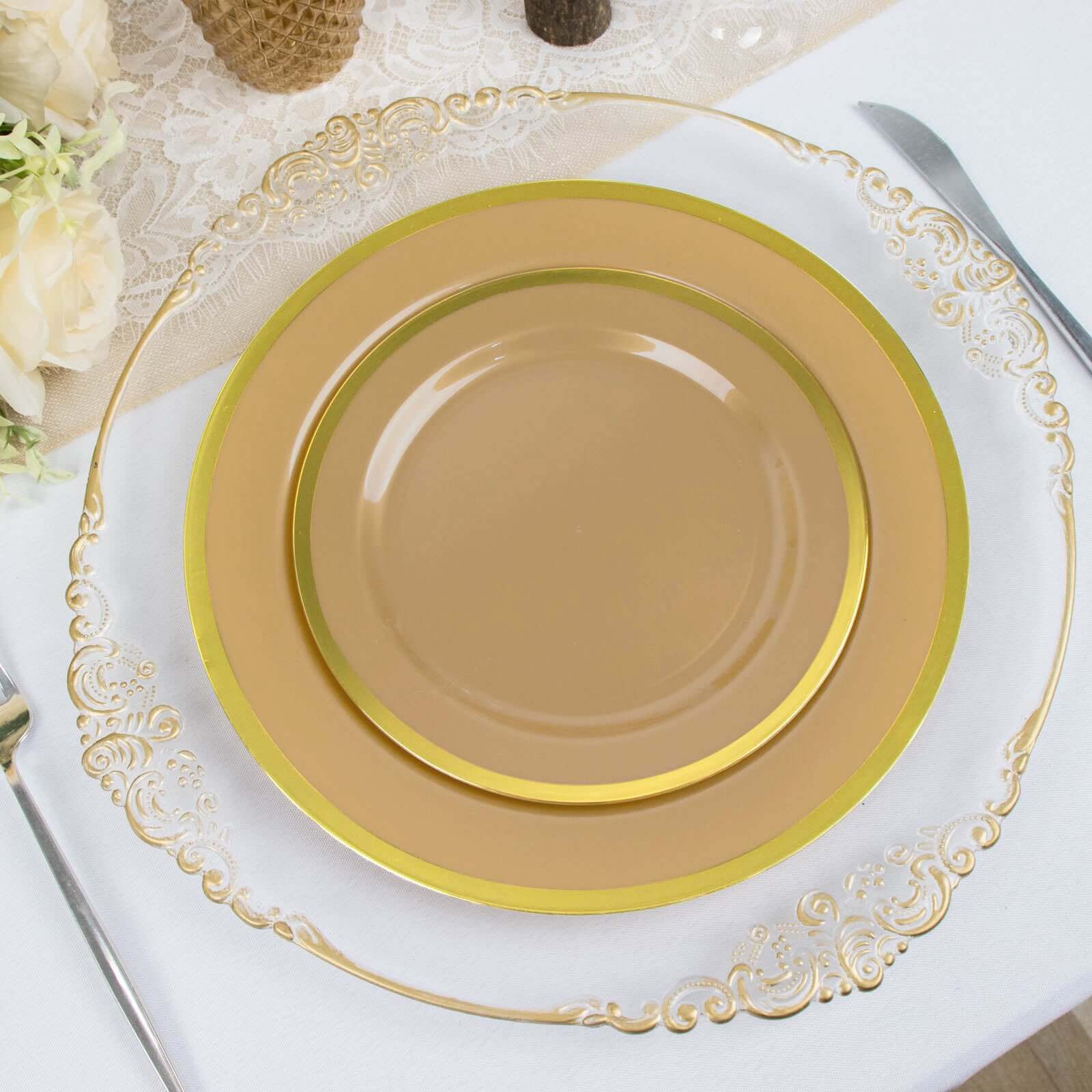 10-Pack Plastic 7 Round Appetizer Plates in Gold with Gold Rim - Sleek Disposable Salad Plates for Banquets & Special Occasions