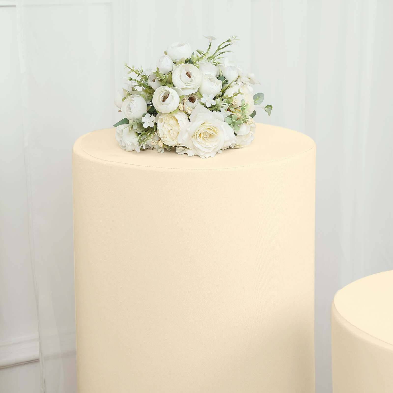 Set of 5 Beige Spandex Cylinder Pedestal Stand Covers, Stretchable Pillar Prop Covers - 160 GSM