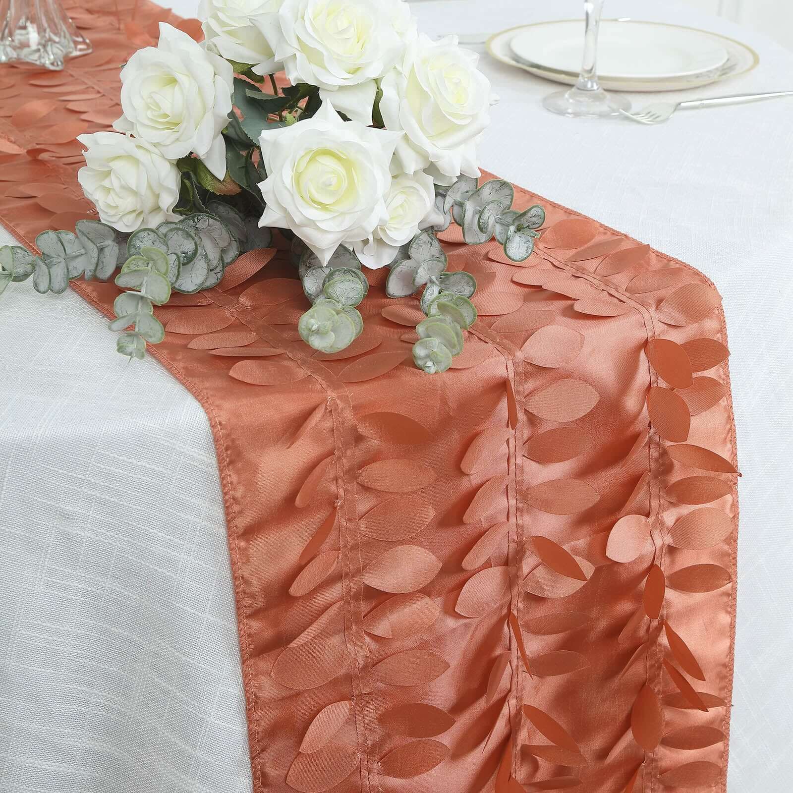 Taffeta Fabric 12x108 Table Runner Terracotta (Rust) - 3D Leaf Petal Design