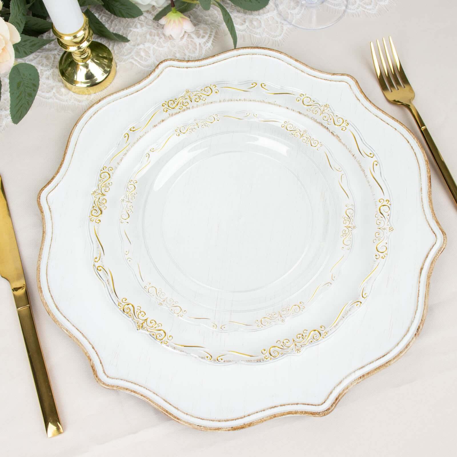 10-Pack Plastic 7 Round Dessert Plates in Clear with Gold Vintage Embossed Rim - Sturdy Disposable Scalloped Edge Salad Plates for Sophisticated Events & Celebrations