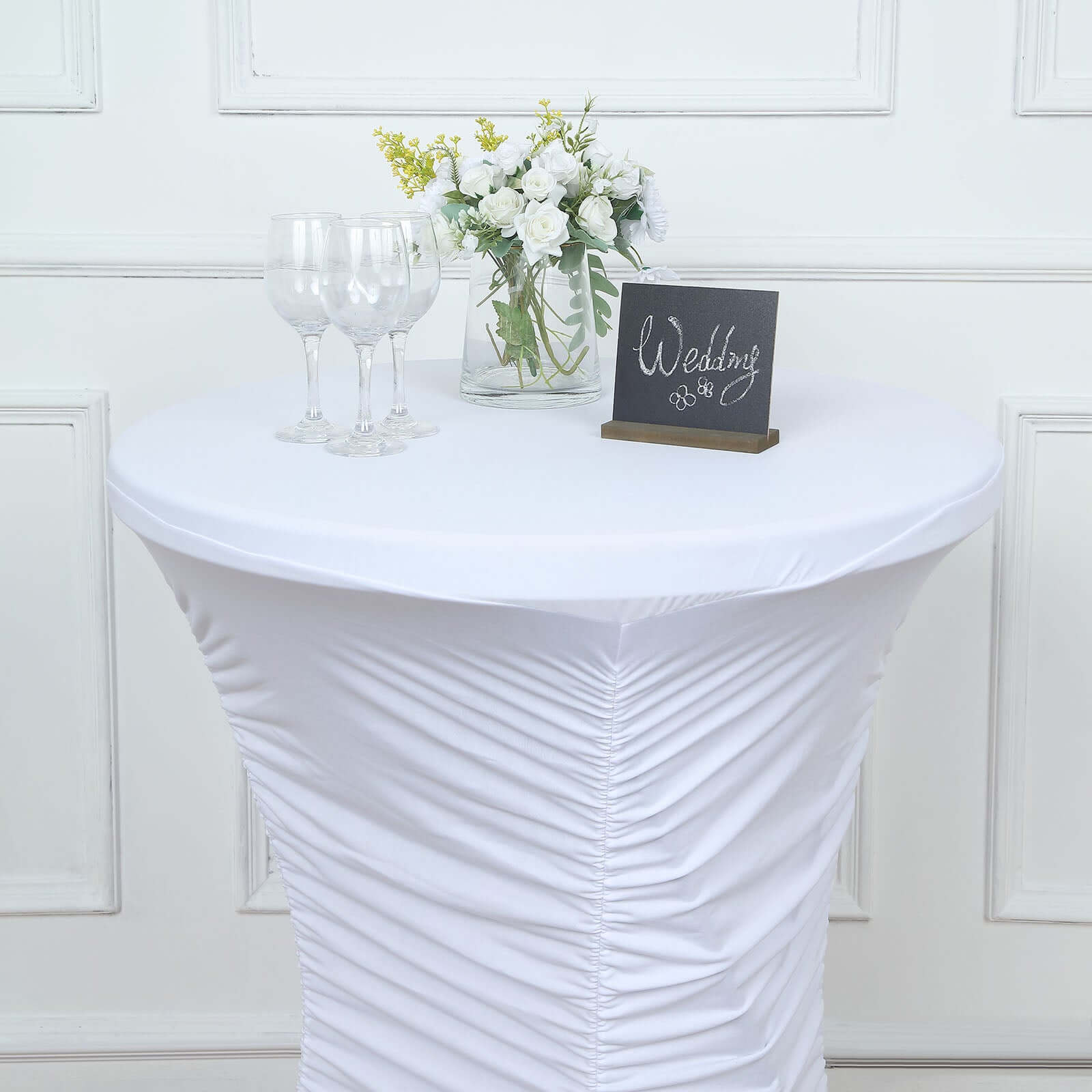 Heavy Duty Spandex 32 Fitted Round Cocktail Table Cover White Ruched Pleated - Durable Stretch Design