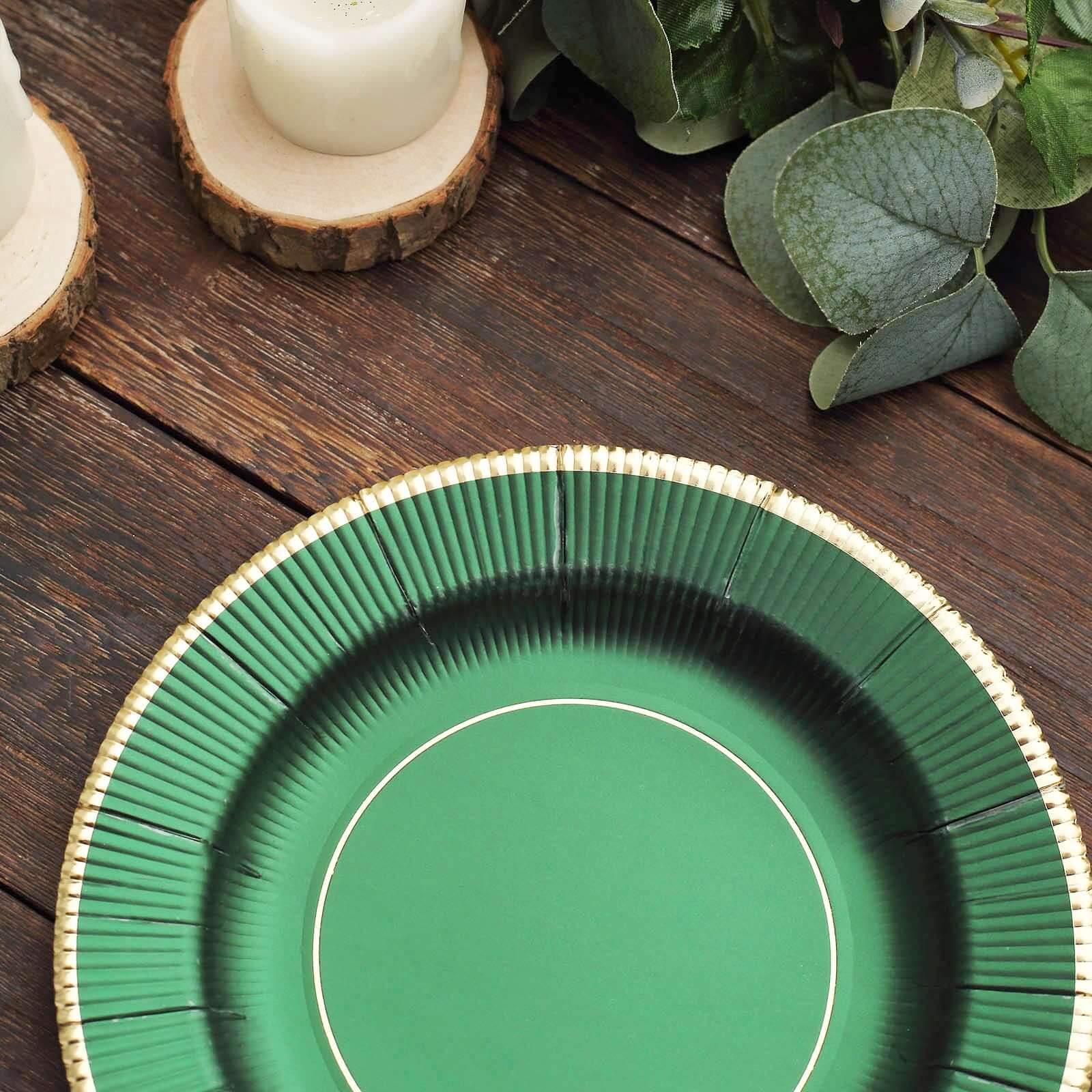 25-Pack Paper 8 Round Dessert Plates in Hunter Emerald Green Sunray Design with Gold Rim - Disposable Heavy Duty 350GSM Appetizer Salad Plates