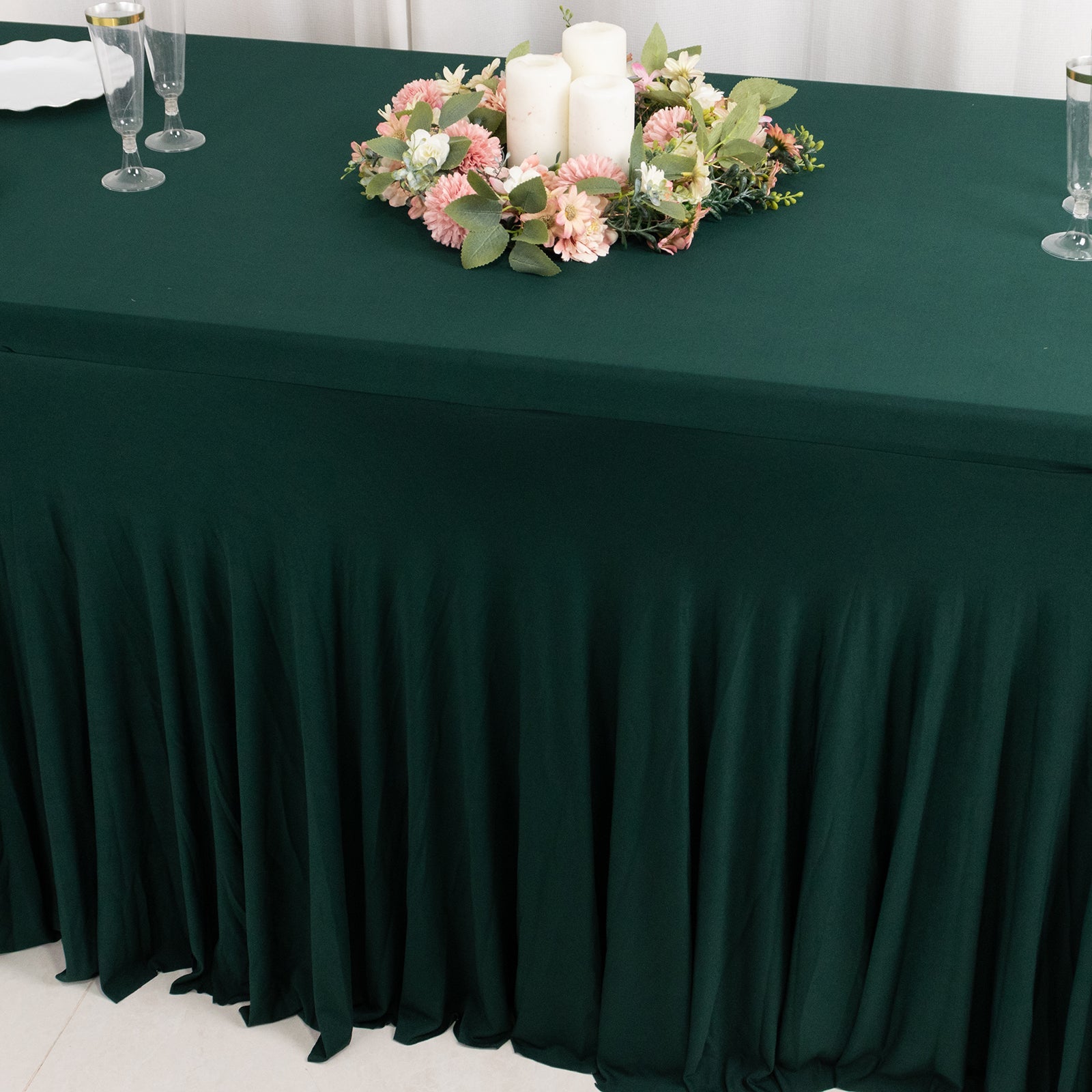 Spandex Rectangle 72x30 Table Skirt Hunter Emerald Green with Wavy Skirt-Like Effect Table Cover