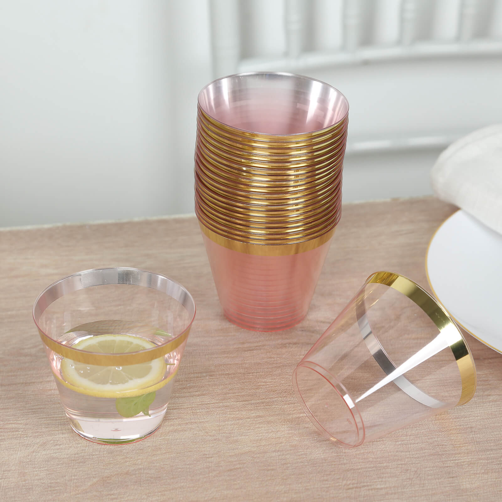 25-Pack Plastic Party Cups Transparent Blush Crystal with Gold Rim - Stylish Short Disposable Glasses 9oz