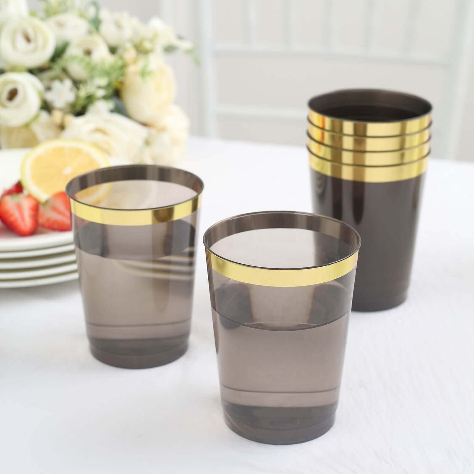 25-Pack Plastic Tumbler Cups Transparent Black with Gold Rim - Stylish Disposable Party Glasses 10oz