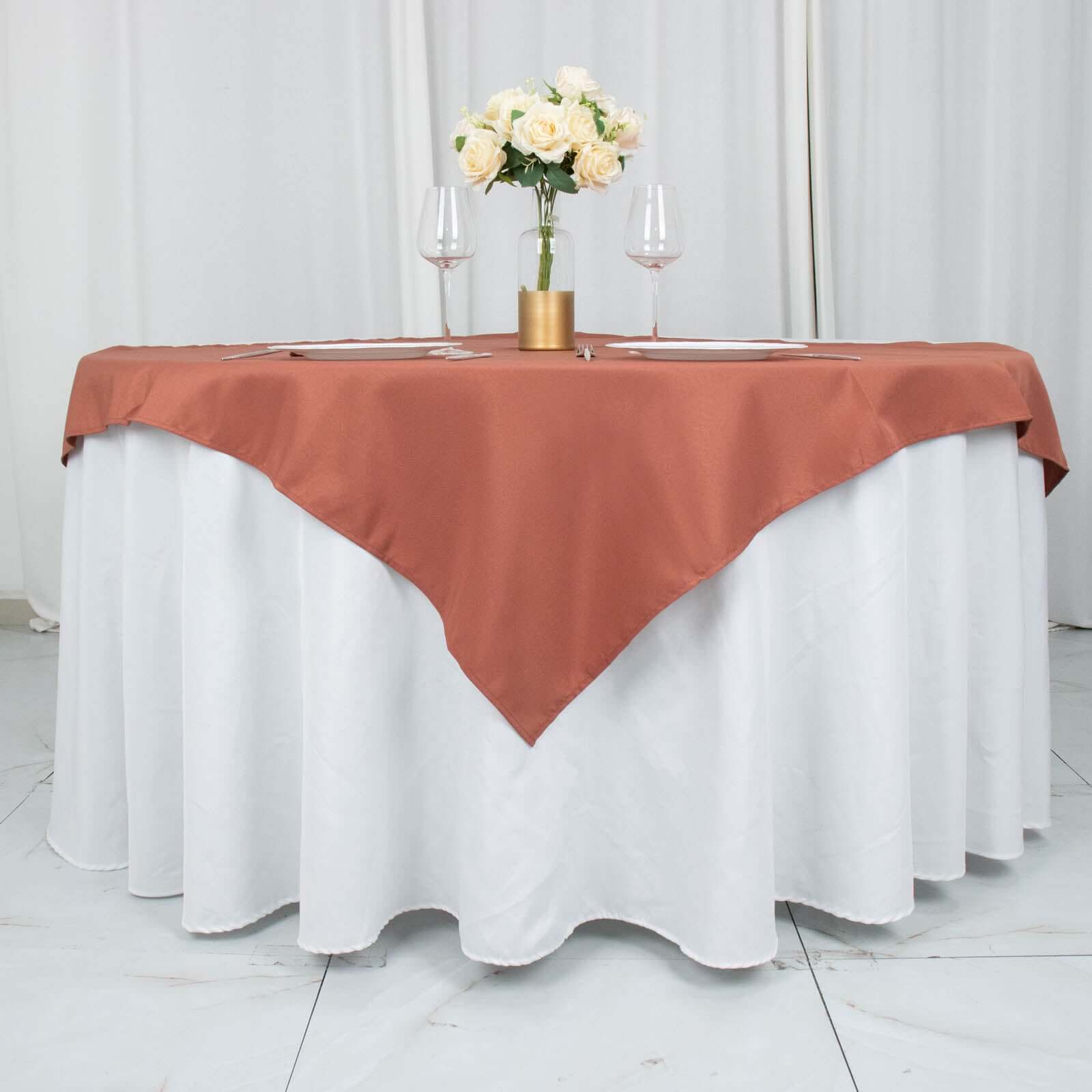 Premium Polyester 54x54 Table Overlay Square Tablecloth Terracotta (Rust) - Stain and Wrinkle-Resistant 220GSM Table Topper