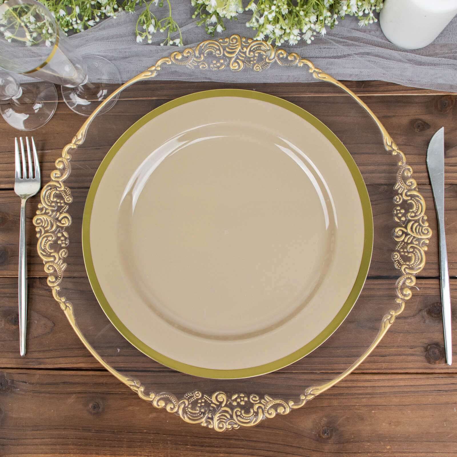 10-Pack Plastic 10 Round Dinner Plates in Taupe with Gold Rim - Disposable Party Plates for Classy Banquets & Special Occasions