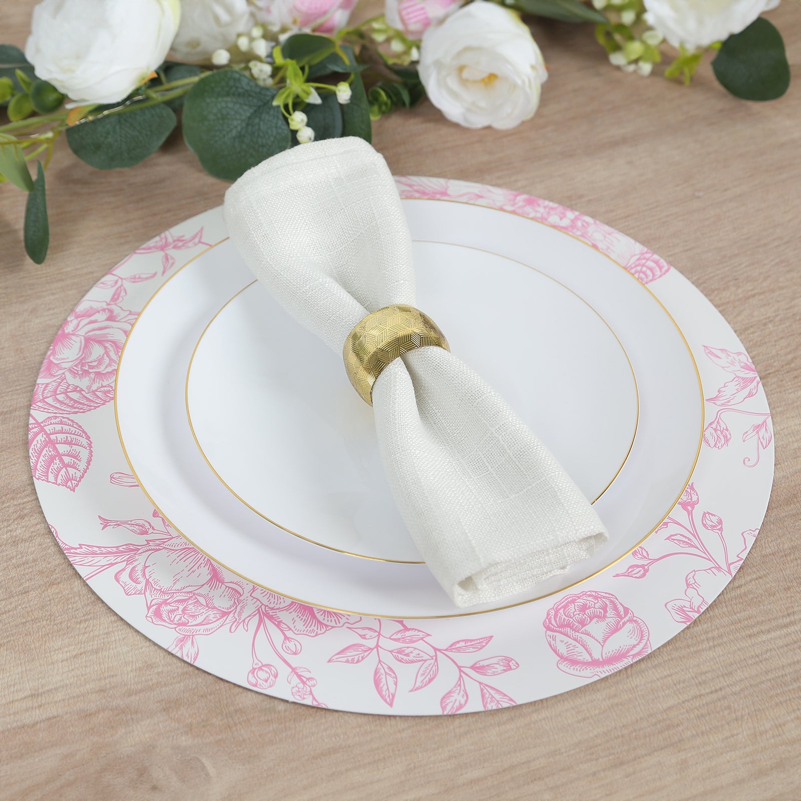 10-Pack Disposable Table Placemats in French Toile Print 13 in White/Matte Pink - Chic Floral Cardboard Placemats for Stylish Table Setting