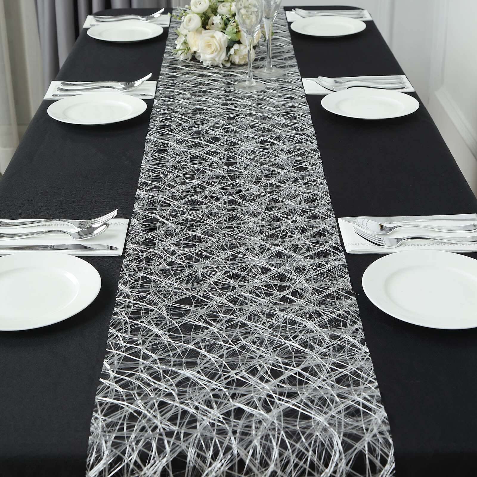 Polyester 12x108 Table Runner Metallic Silver Disposable Non-Woven Fiber Roll - Stylish & Chic Table Decor