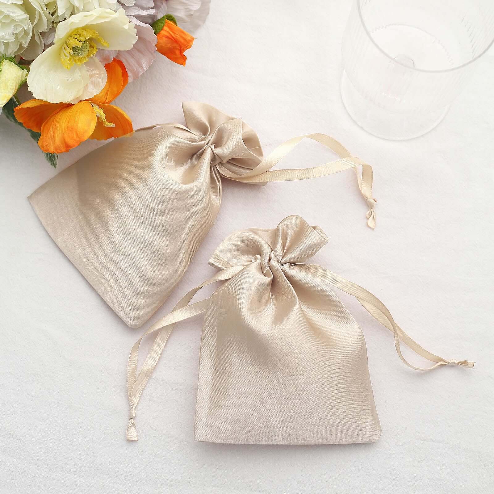 12 Pack 4x6 Beige Satin Drawstring Wedding Party Favor Gift Bags