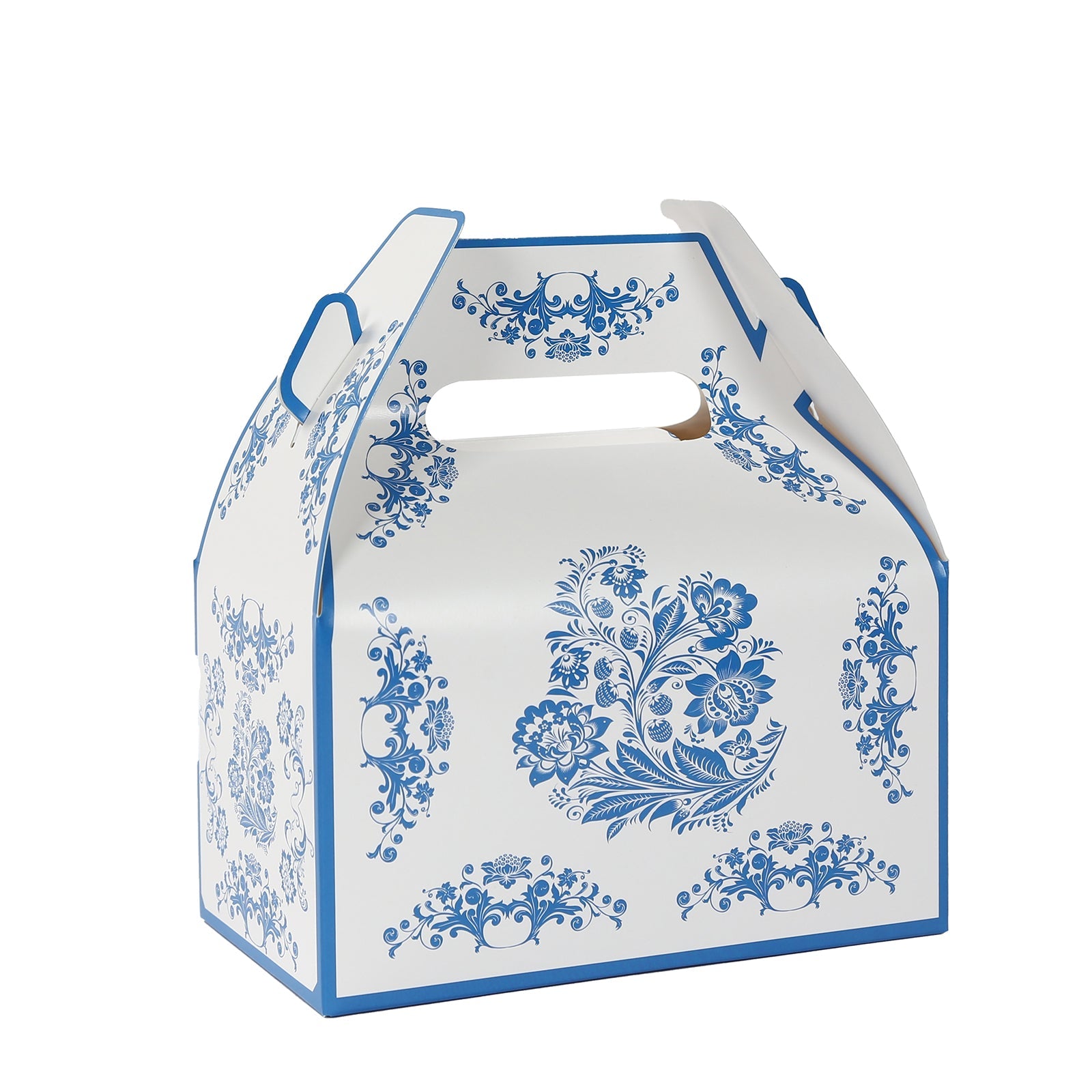 25 Pack Candy Gift Tote Gable Boxes in White Royal Blue Damask Floral Pattern, Party Favor Treat Boxes - 6x3.5x7