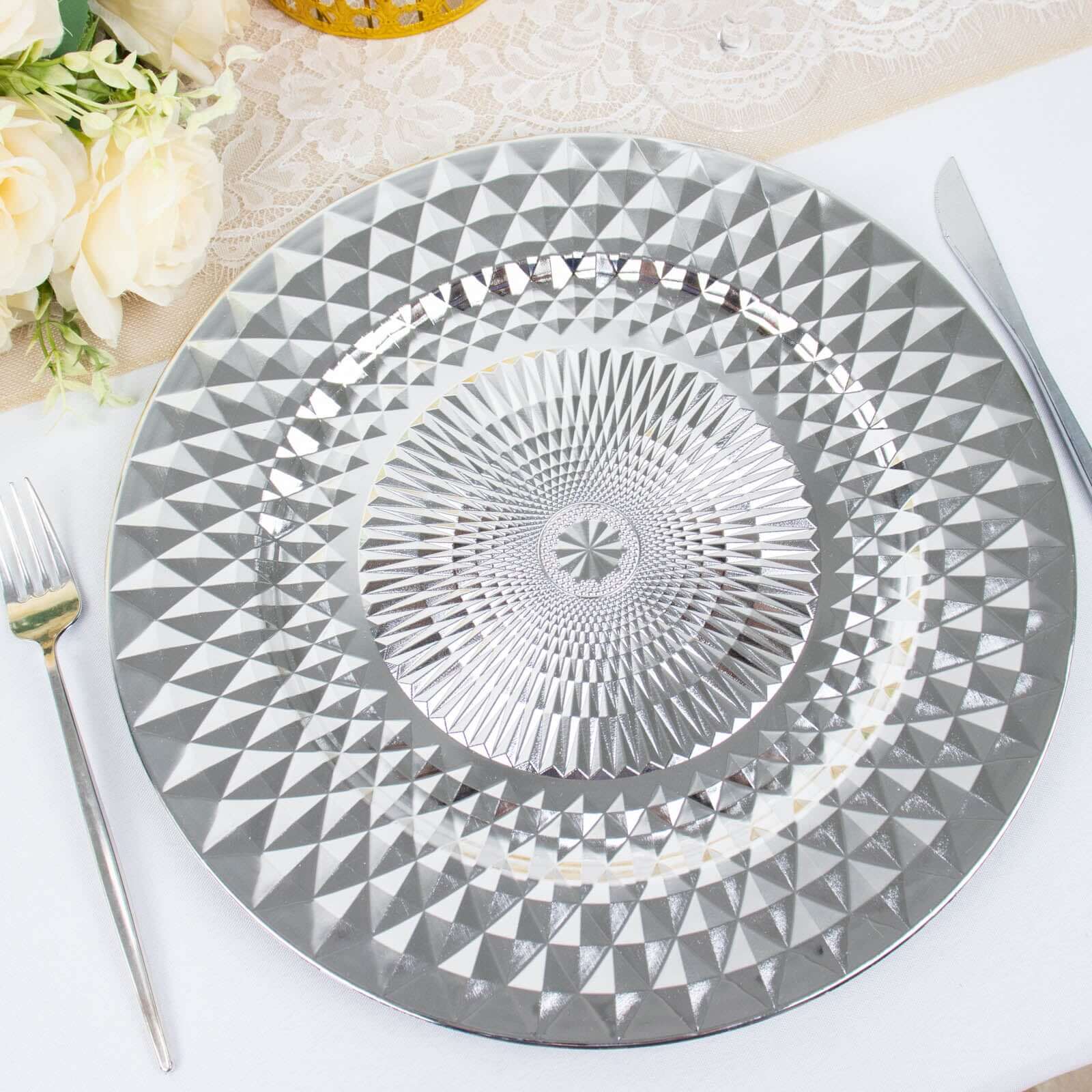 6-Pack Plastic Round Charger Plates 13 in Silver with Diamond Pattern, Sparkling Disposable Dinner Charger Tableware