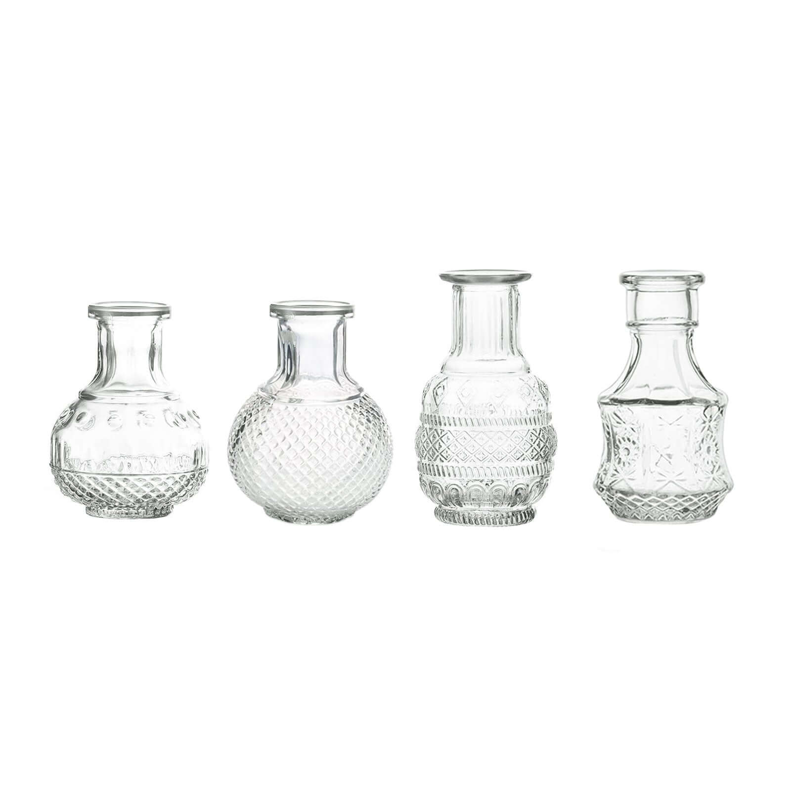 Set of 4 Clear Glass Bud Vases Antique - Vintage Wedding Table Centerpieces for Flowers