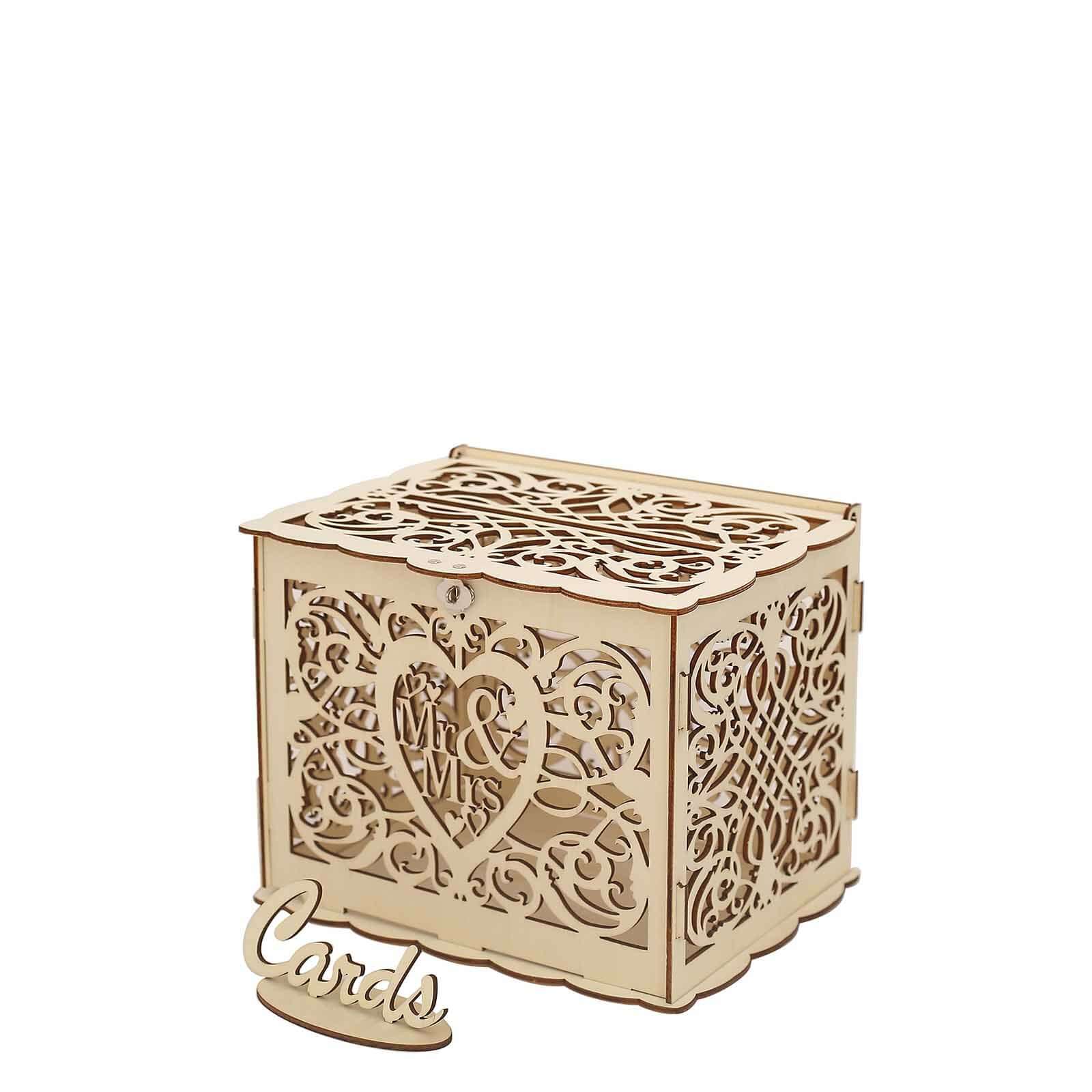 Natural Wooden Laser Cut Mr. & Mrs. Wedding Card Box With Label, Rustic DIY Hollow Money Box And Stand - 12x9