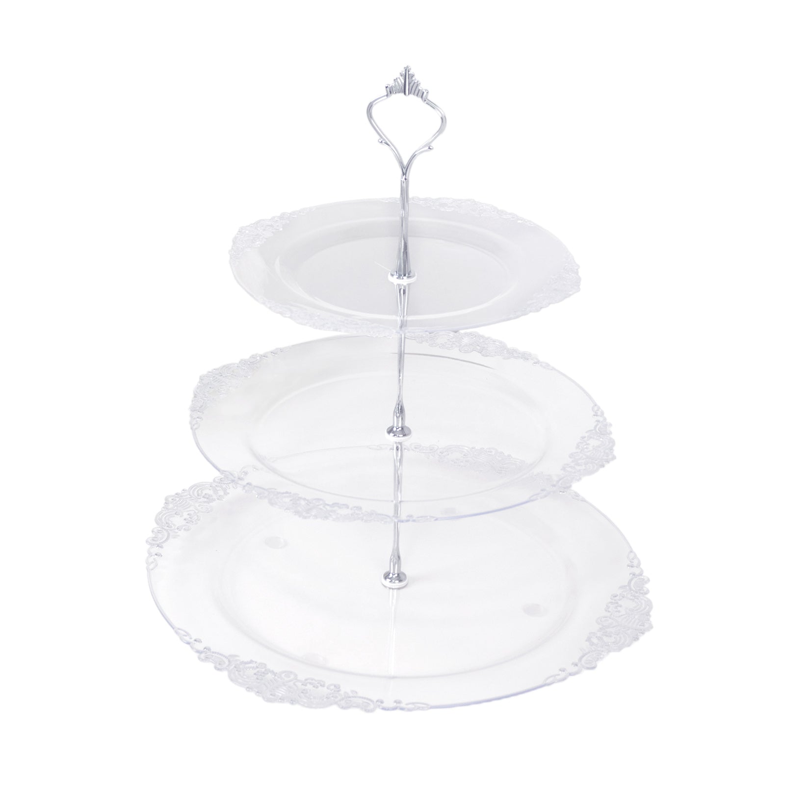 3-Tier Clear Plastic Cupcake Tower Stand with Silver Embossed Baroque Rim, 13 Round Cake Dessert Holder Display Stand Tiered Serving Tray with Top Handle