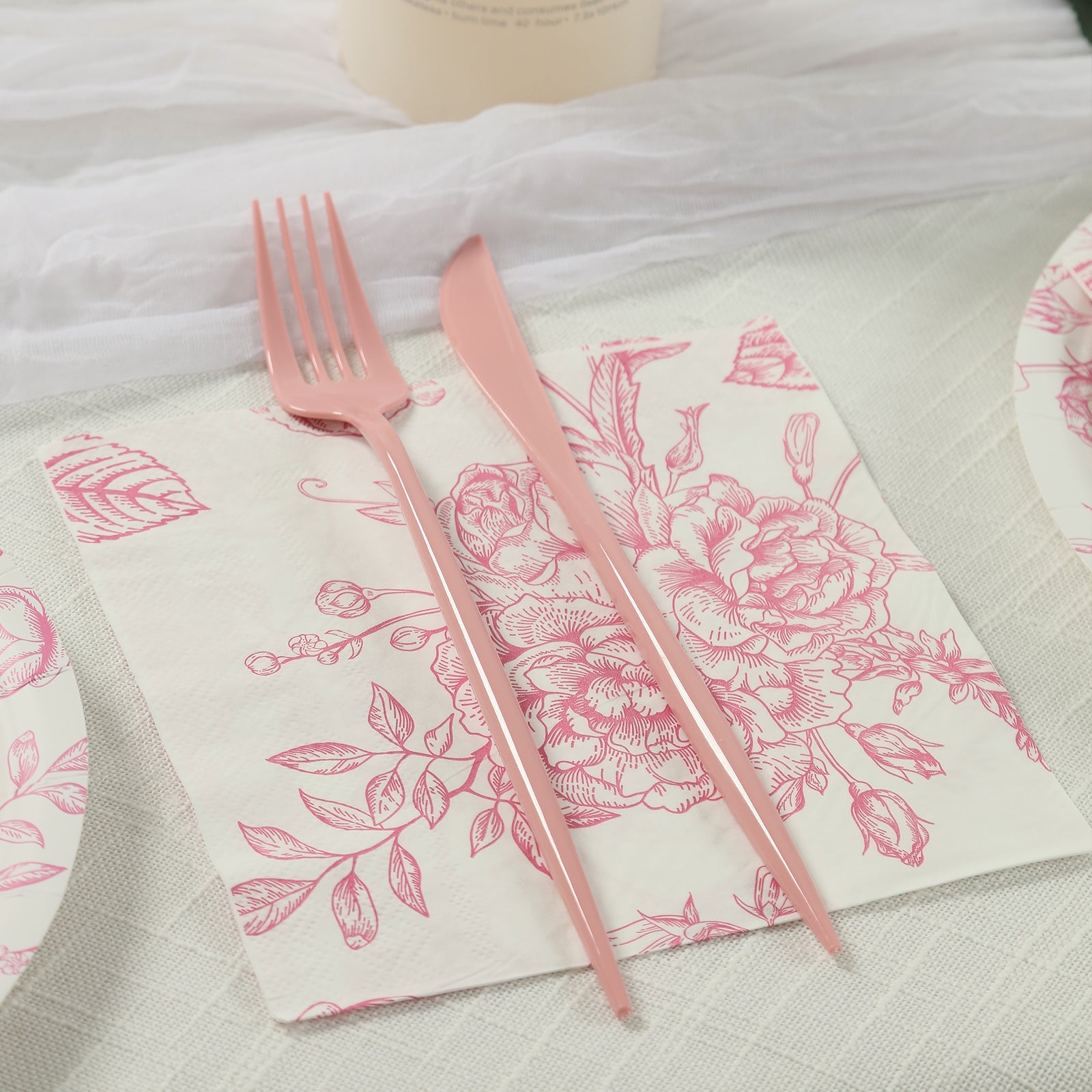 50 Pack Pink 2-Ply Paper Beverage Napkins in Matte Pink and White French Toile Floral Pattern, Highly Absorbent Soft Disposable Cocktail Napkins