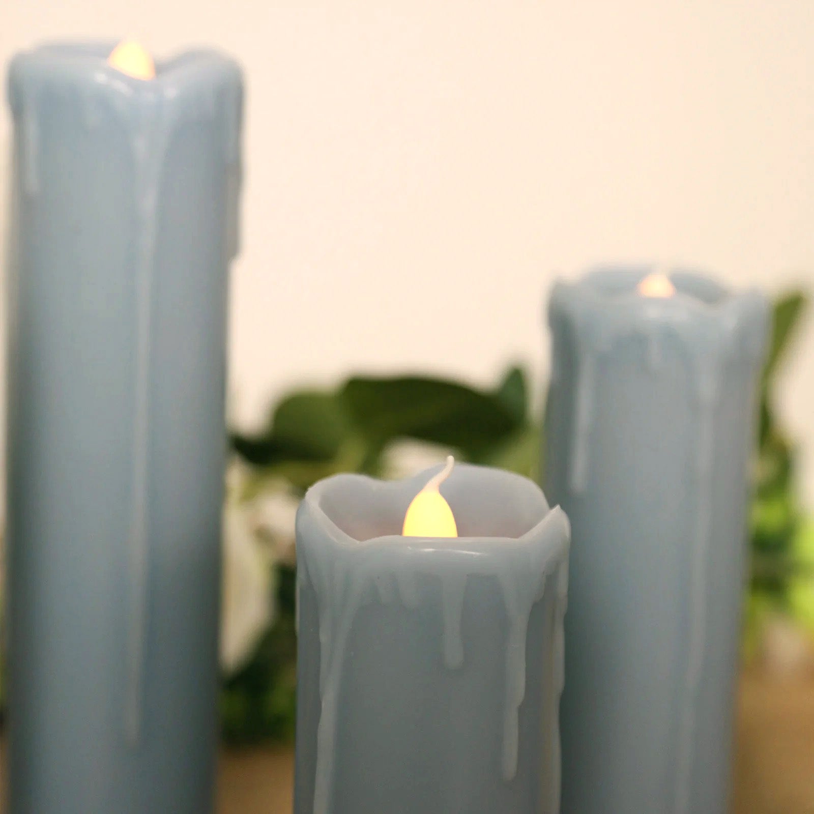 Set of 6 LED Flameless Luminaria Candles Drip Wax Dusty Blue - Battery Operated Pillar Lighting