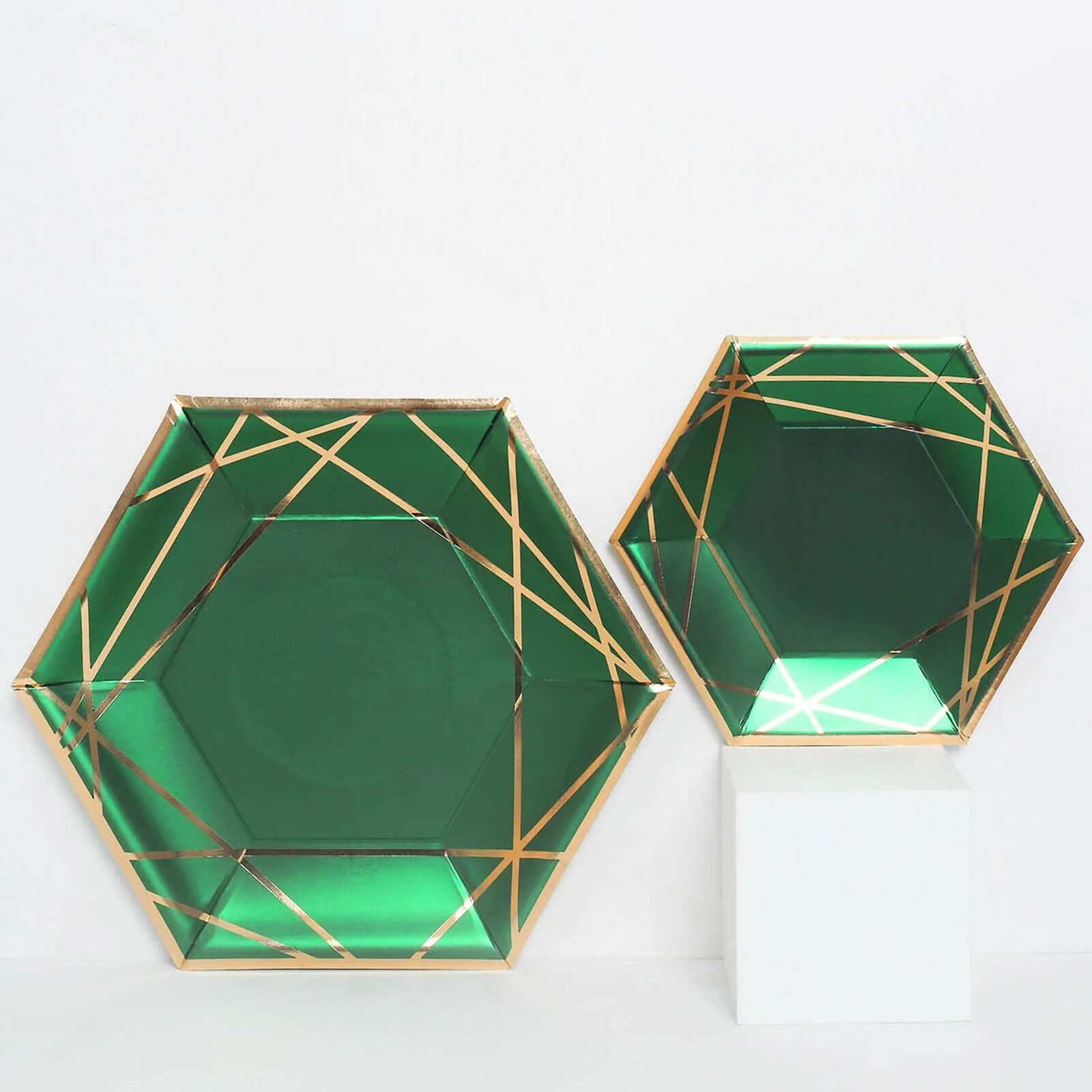 25-Pack Paper 7 Hexagon Dessert Plates in Hunter Emerald Green with Gold Geometric Lines & Rim - Stylish Disposable Geometric 300GSM Appetizer Salad Plates