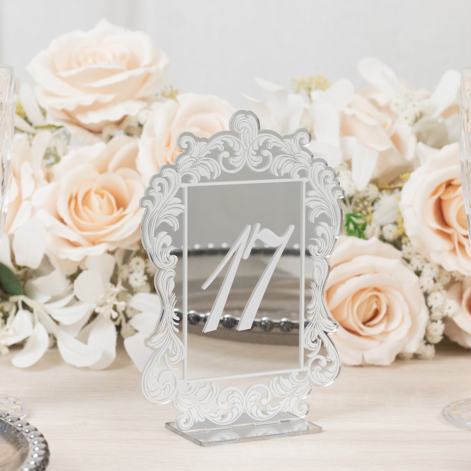 Silver Mirror Arch Acrylic Table Numbers (11-20) - 5x7 Wedding Reception Signs with Baroque Lace Border, White Print & Stands