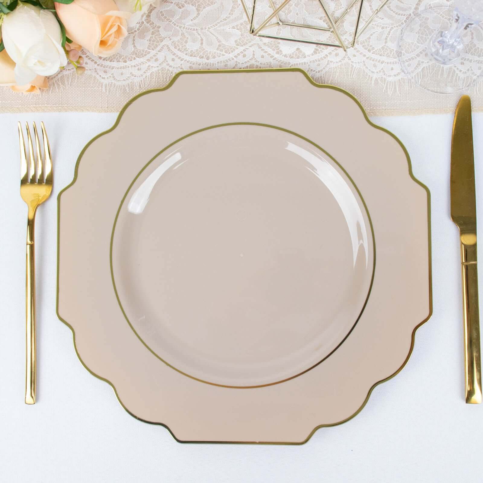 10-Pack Plastic Dinner Plates in Taupe Baroque Design with Scalloped Gold Rim - Heavy Duty Disposable Party Plates 11