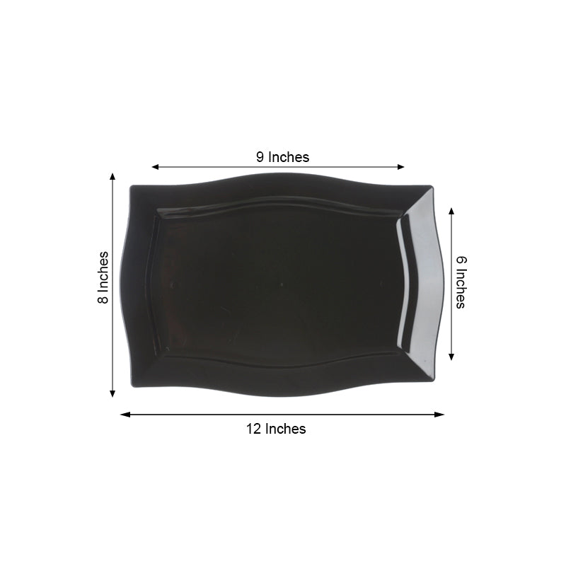 10-Pack Serving Plates Rectangular Design with Wave Trimmed Rim Glossy Black - Plastic Disposable Event Plates 12