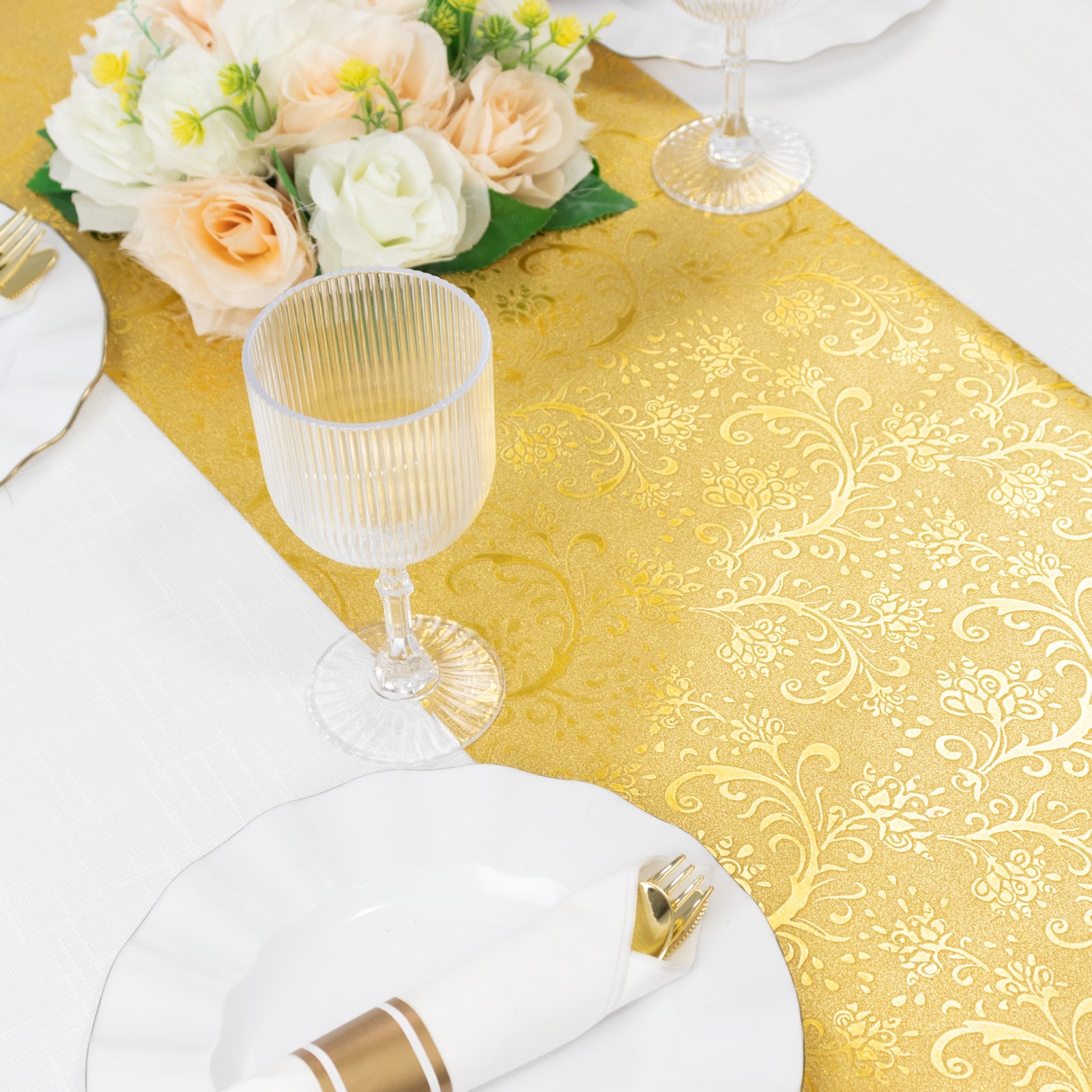 5 Pack Gold Glitter Paper Table Runners with Vintage Floral Vine Pattern - 10ft Disposable Wedding & Party Table Runners