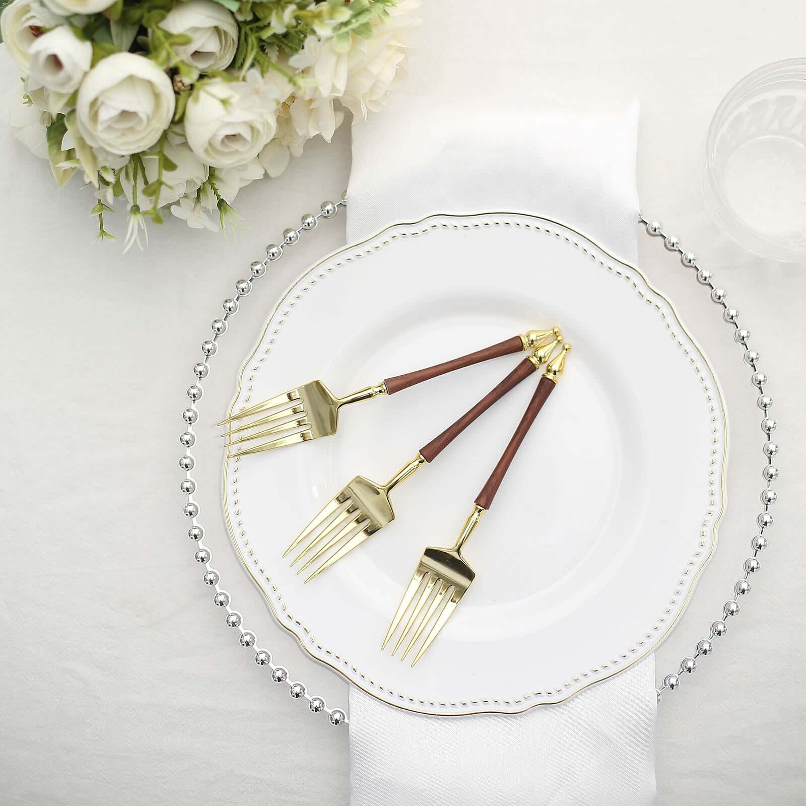 24-Pack Plastic Dessert Forks with Roman Column Handle Gold/Brown - European Style Disposable Utensils 6