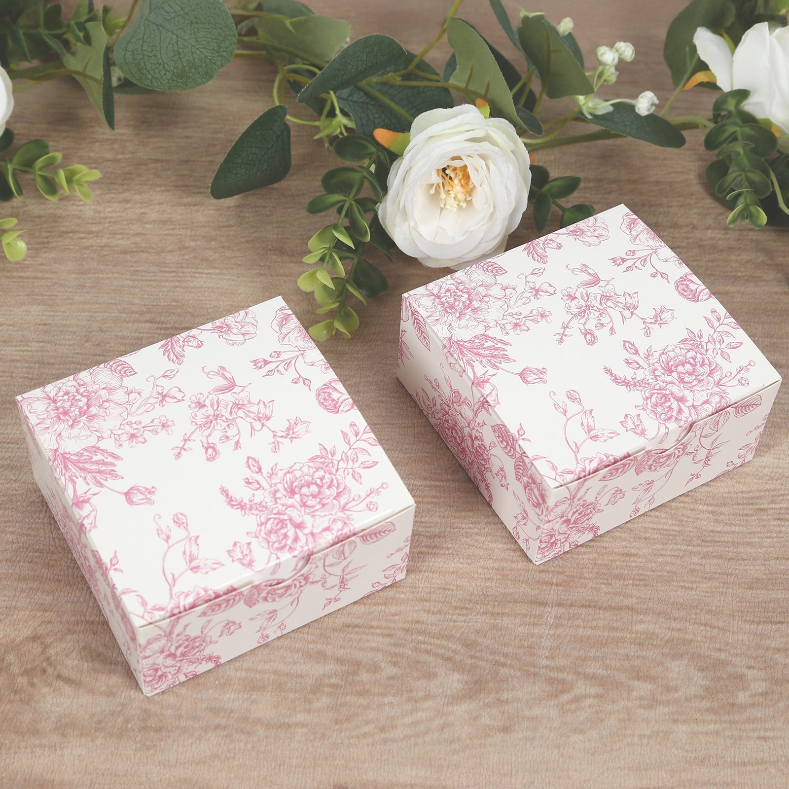 25 Pack Party Favors Boxes in French Toile Pattern, Matte Pink and White Candy Gift Boxes - Cardstock Paper - 4x4x2