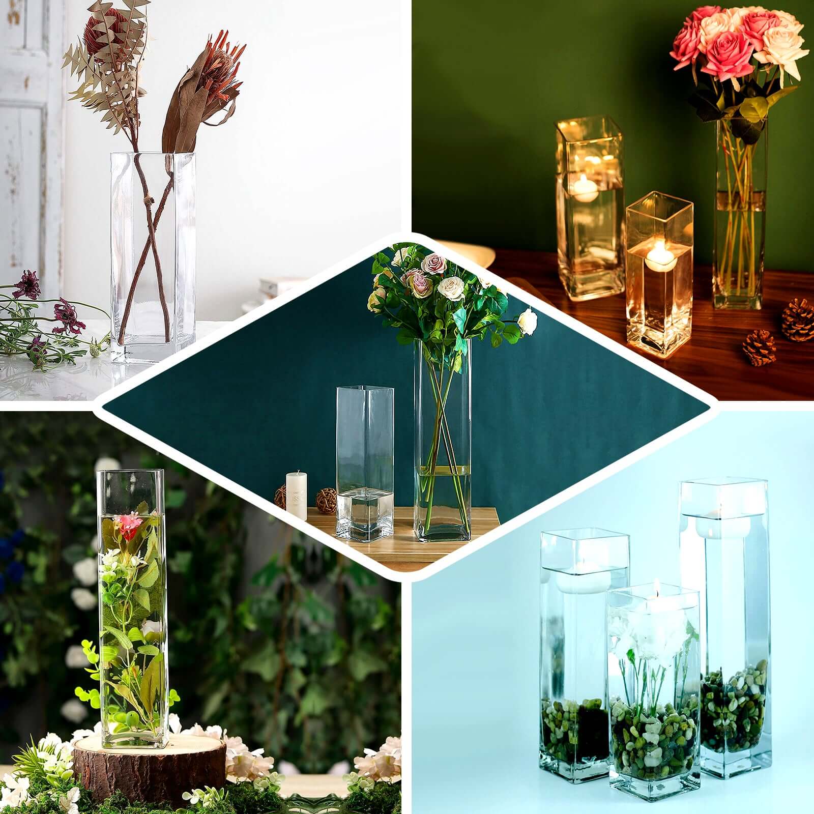 6-Pack Glass Cylinder Vases Square Clear - Durable Heavy Duty Floral Centerpieces for Weddings 24