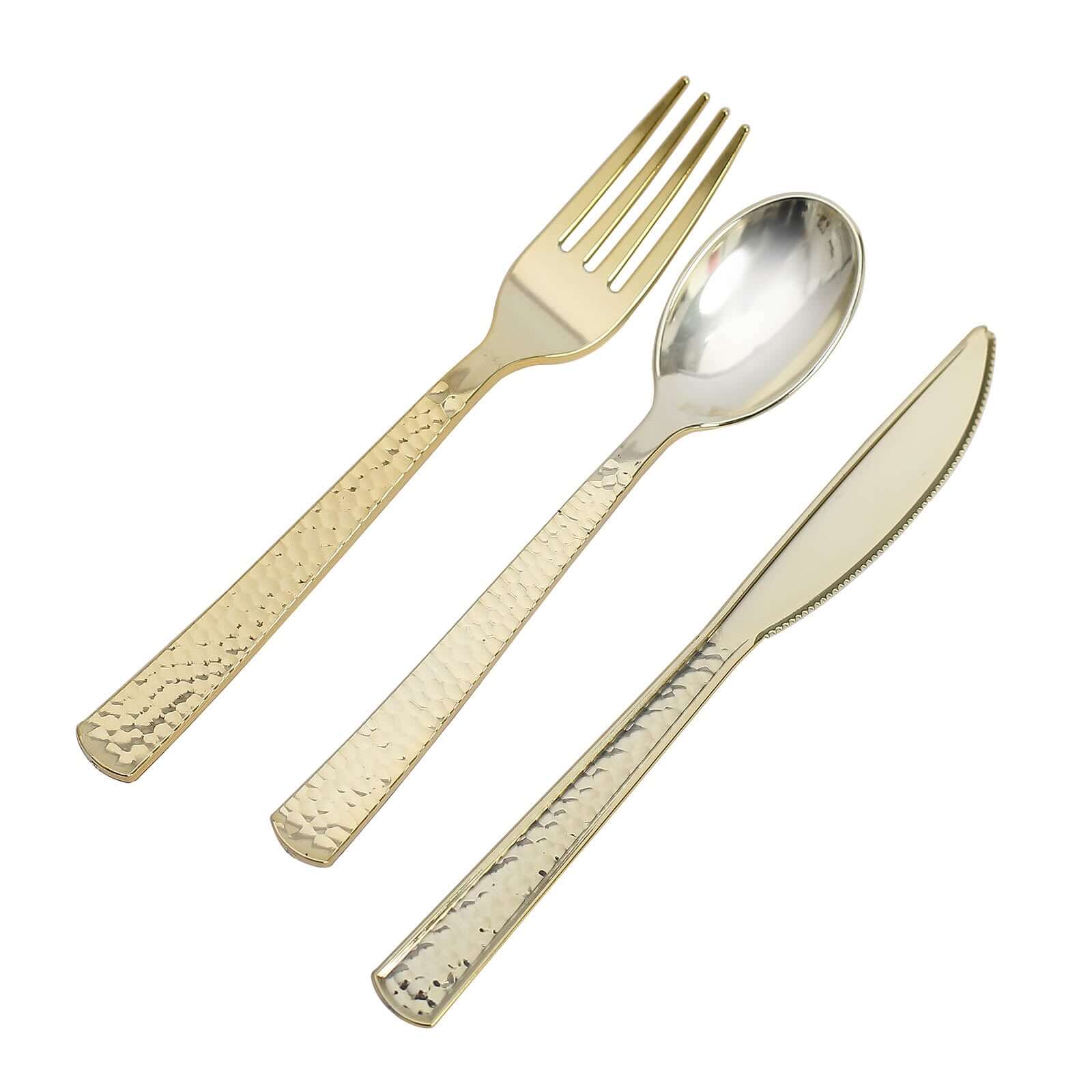 24-Pack Plastic Silverware Set with Hammered Design Gold - Heavy Duty Disposable Utensils 7