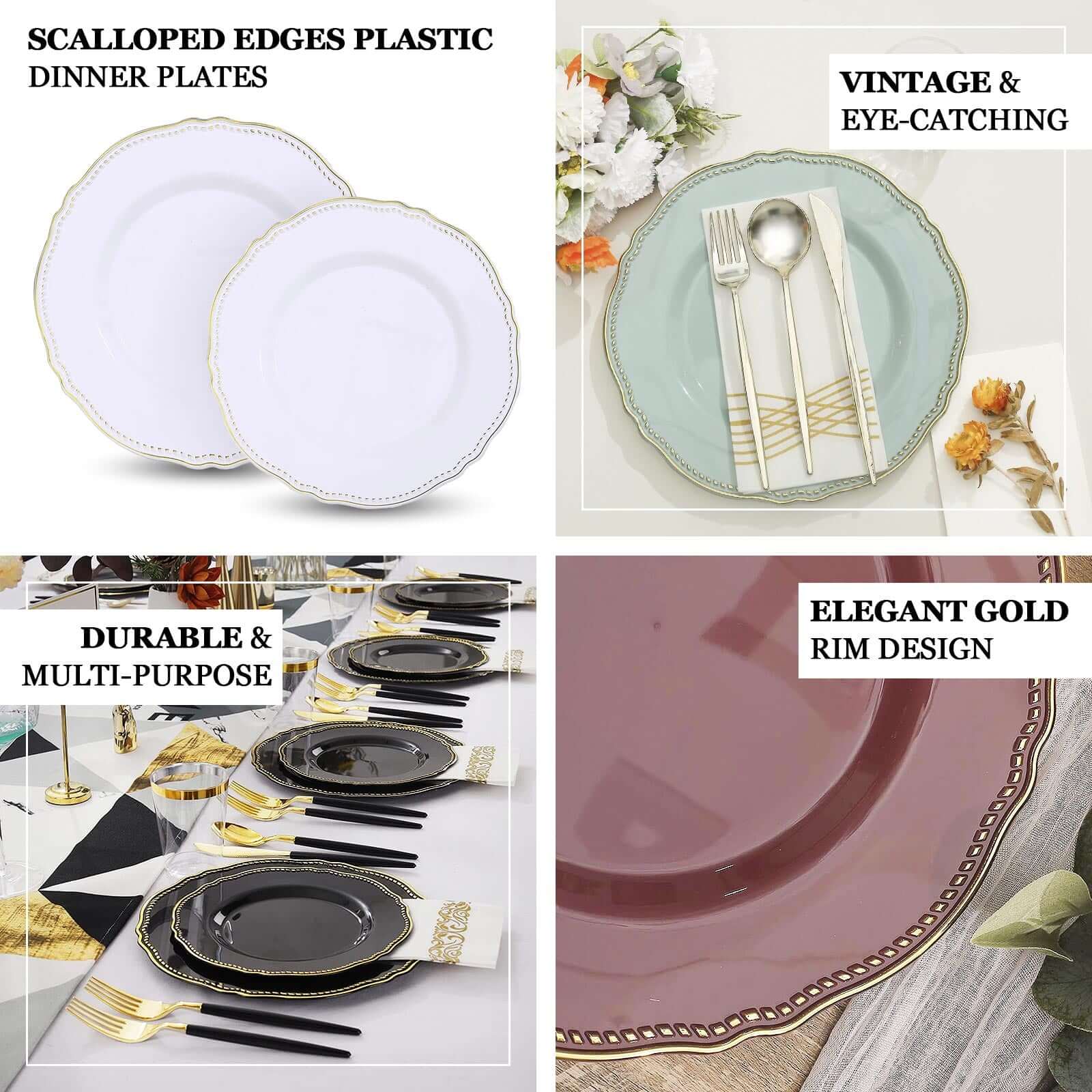 10-Pack Plastic Dinner Plates in Clear with Gold Scalloped Rim - Disposable Party Plates 9