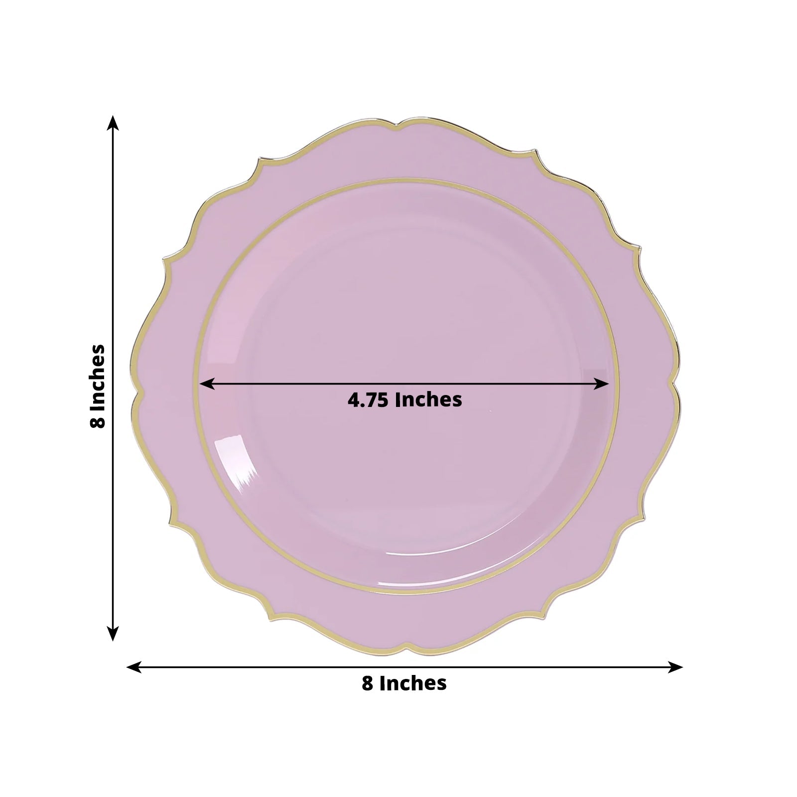 10-Pack Plastic 8 Round Desert Plates in Lavender Lilac with Gold Scalloped Rim - Disposable Appetizer/Salad Plates