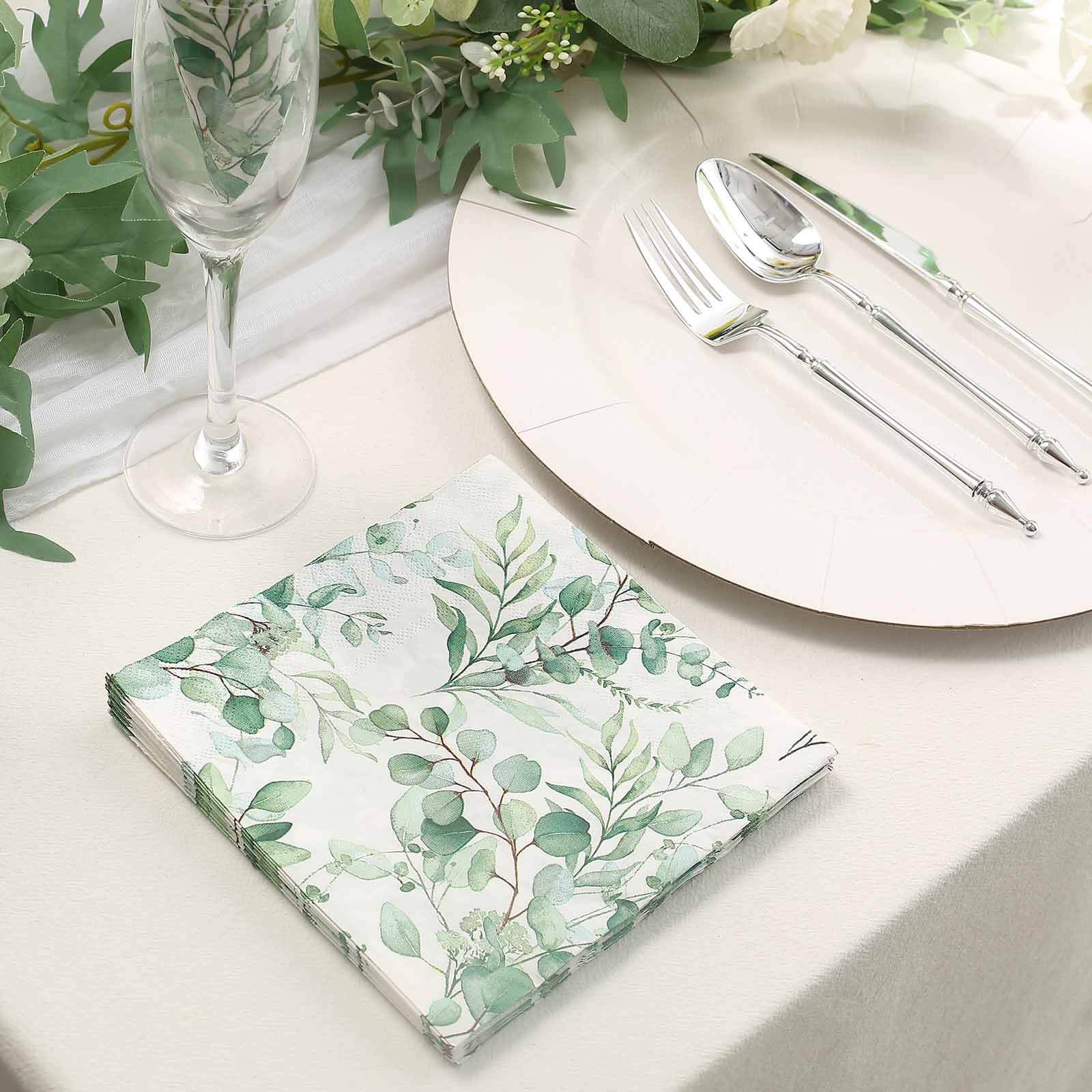 50-Pack Paper Beverage Napkins with Green Foliage Eucalyptus Leaves Design - 2 Ply Soft 18GSM Boho Wedding Napkins 6.5x6.5