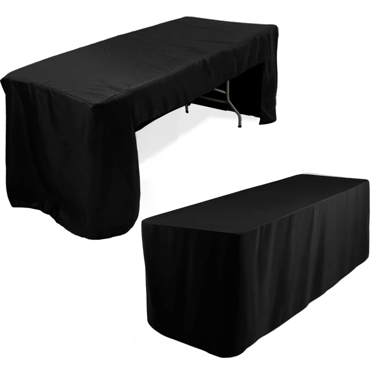 Fitted Polyester 96x30 Rectangle Tablecloth Black with Open Back Design - Easy to Maintain and Wrinkle-Resistant Table Cover for Trade Shows & Displays