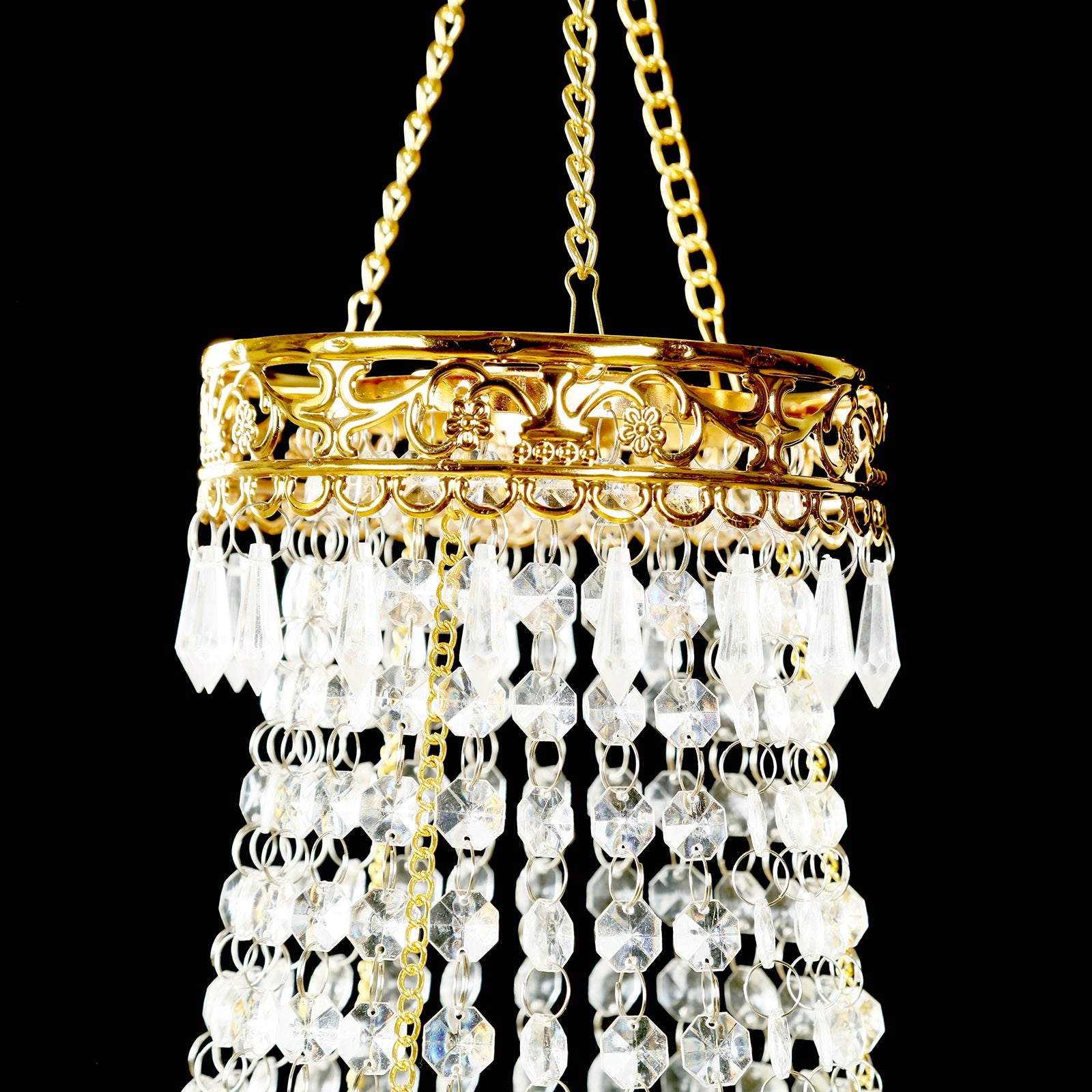 2ft Empire Style Beaded Crystal Chandelier with Gold Ornate Metal Frame, Adjustable Hanging Farmhouse Pendant Ceiling Lighting