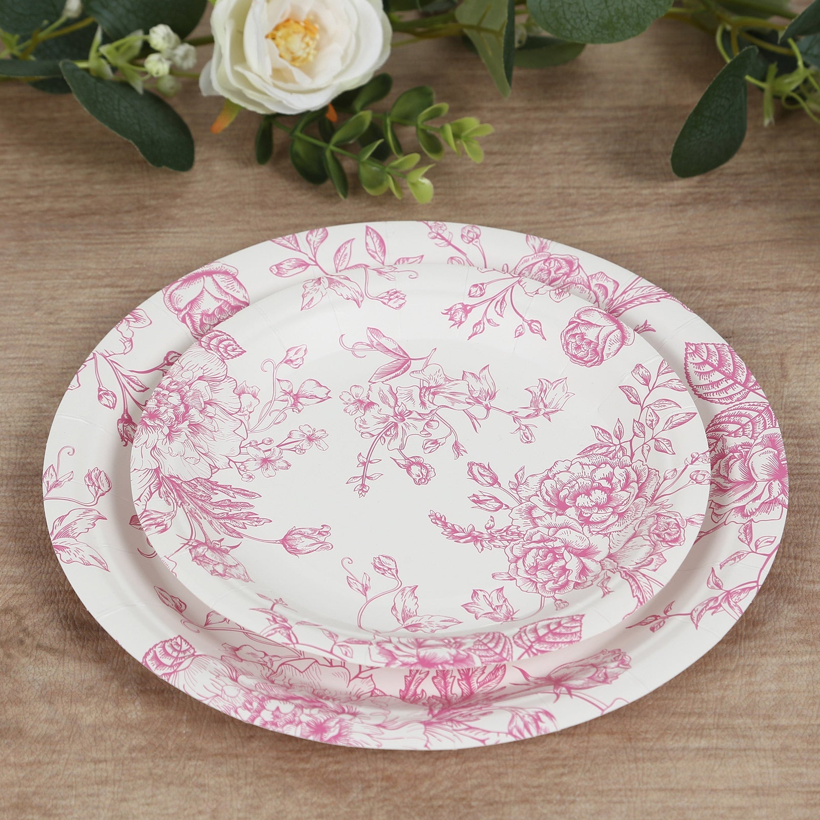 25-Pack Paper 7 Round Dessert Plates in White with Matte Pink French Toile Pattern - Disposable Floral Salad Appetizer Plates