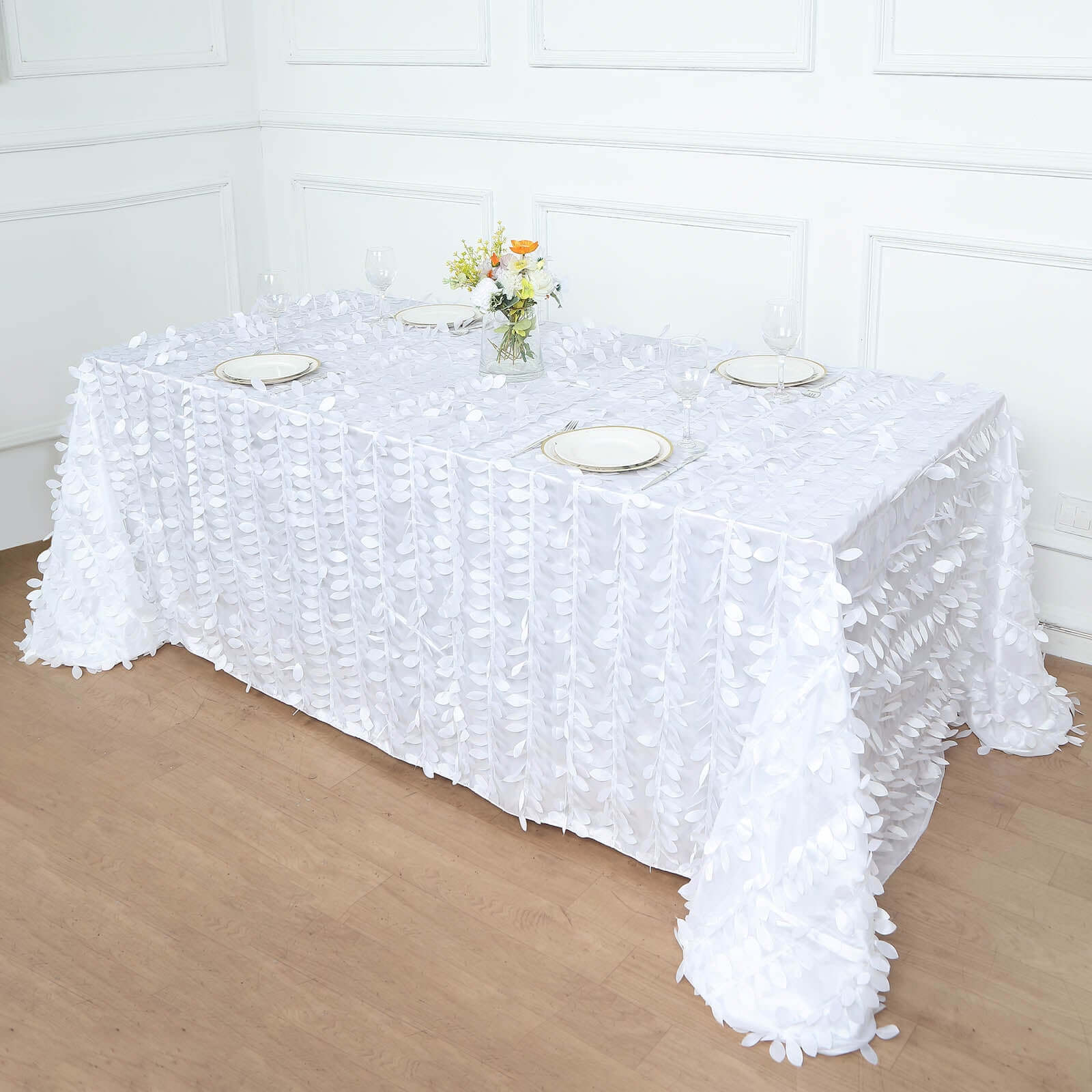 Taffeta 90x156 Rectangle Tablecloth White | 3D Leaf Petal Design Seamless Table Cover for Stylish Wedding & Event Decor