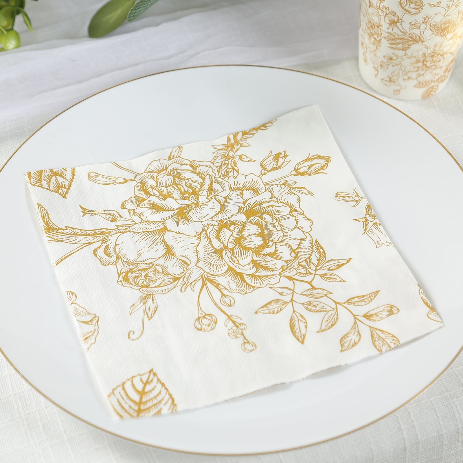 50-Pack Paper Cocktail Napkins with French Toile Floral Pattern White/Gold - Soft 2 Ply Beverage Napkins for Events