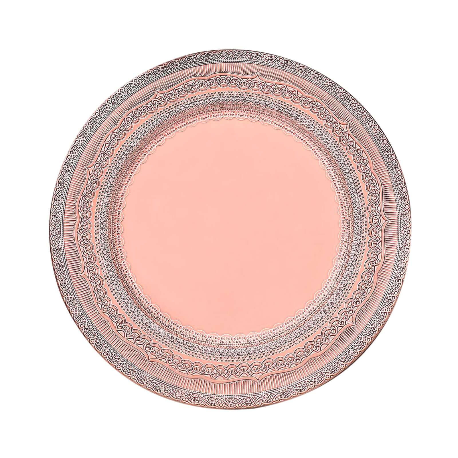 6-Pack Acrylic Round Charger Plates 13 in Rose Gold with Lace Embossed Rim, Rustic Plastic Decorative Charger Tableware