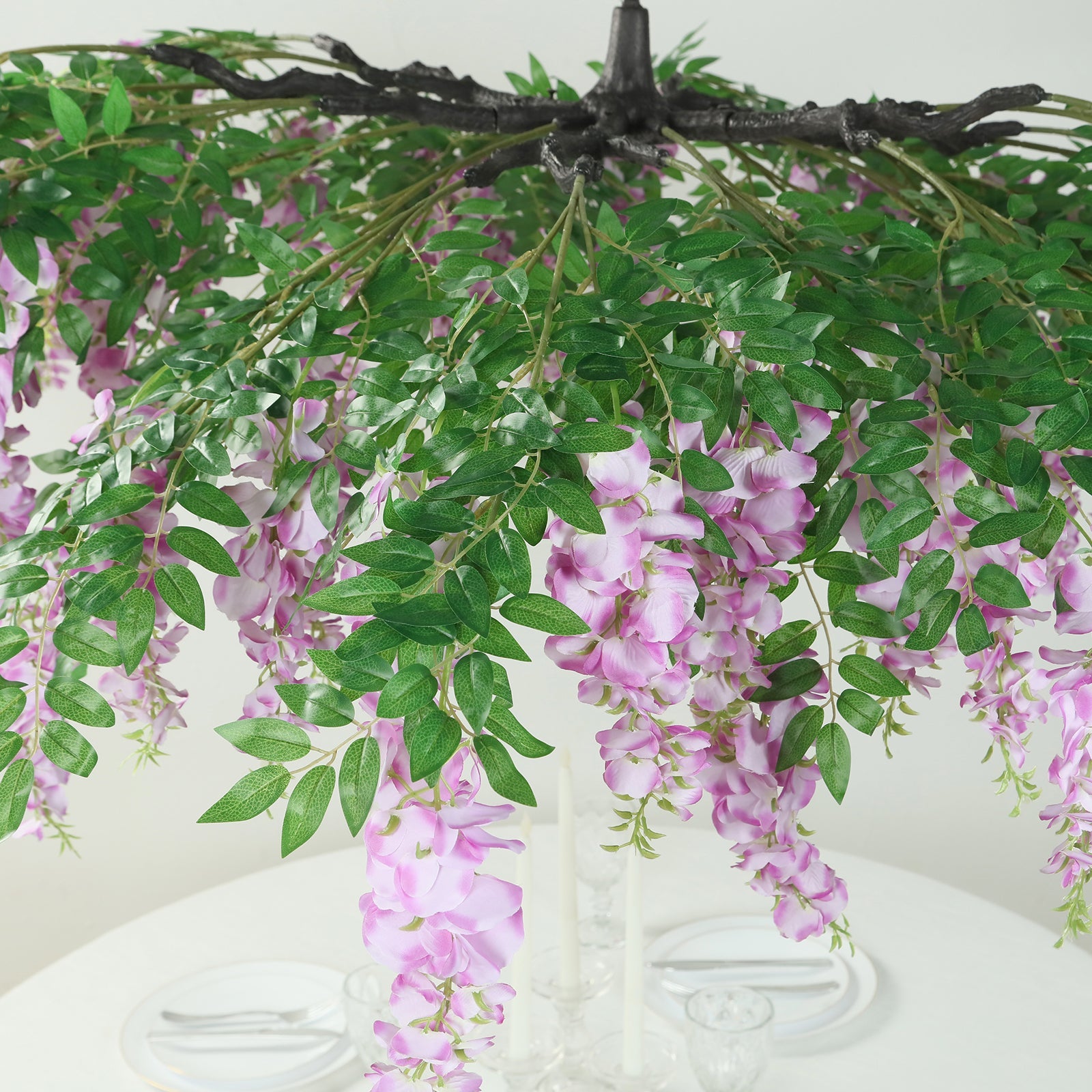 55 Artificial Silk Wisteria Vine Round Hanging Canopy in Lavender Lilac, Draping Garland Flower Chandelier With Interchangeable Branches