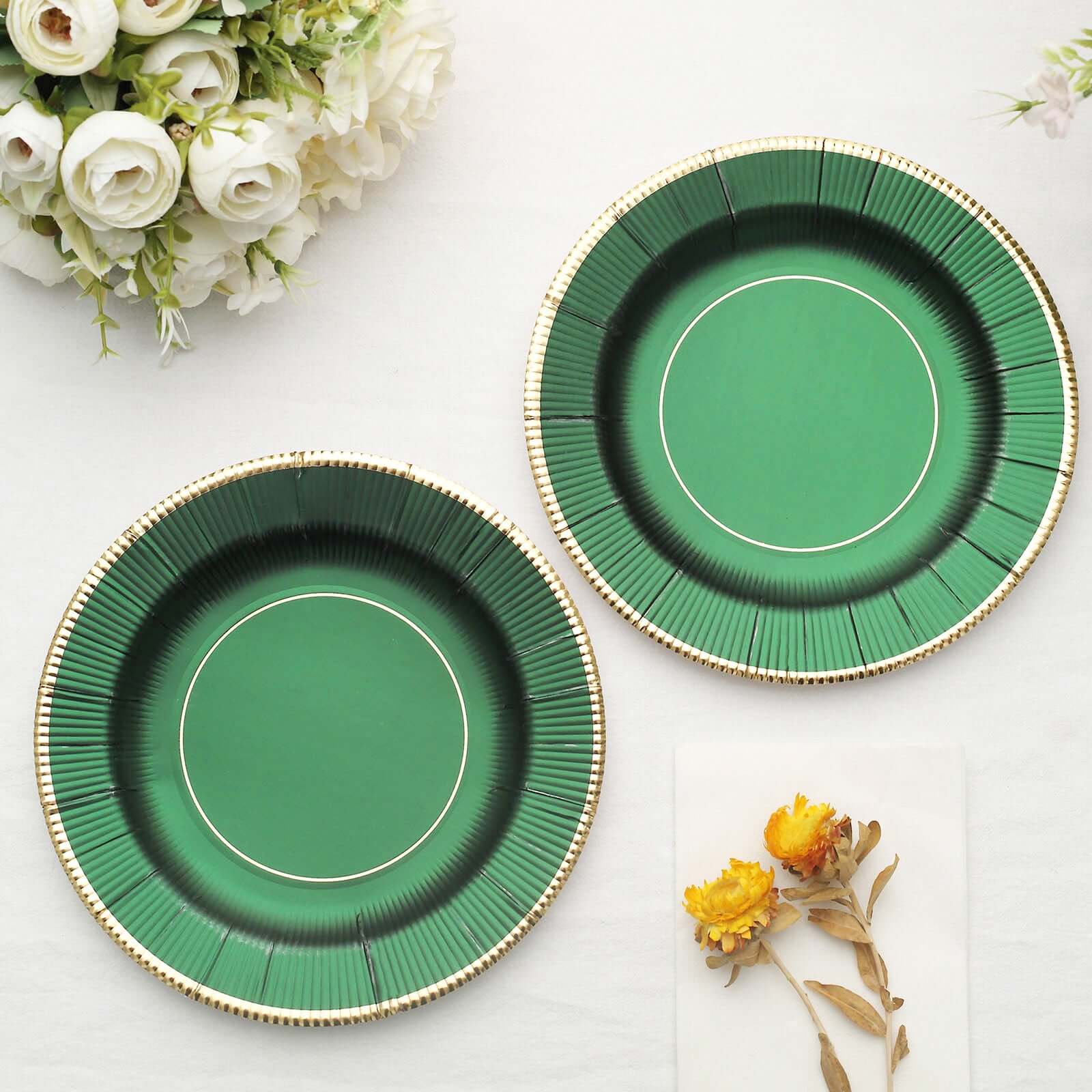 25-Pack Paper 8 Round Dessert Plates in Hunter Emerald Green Sunray Design with Gold Rim - Disposable Heavy Duty 350GSM Appetizer Salad Plates