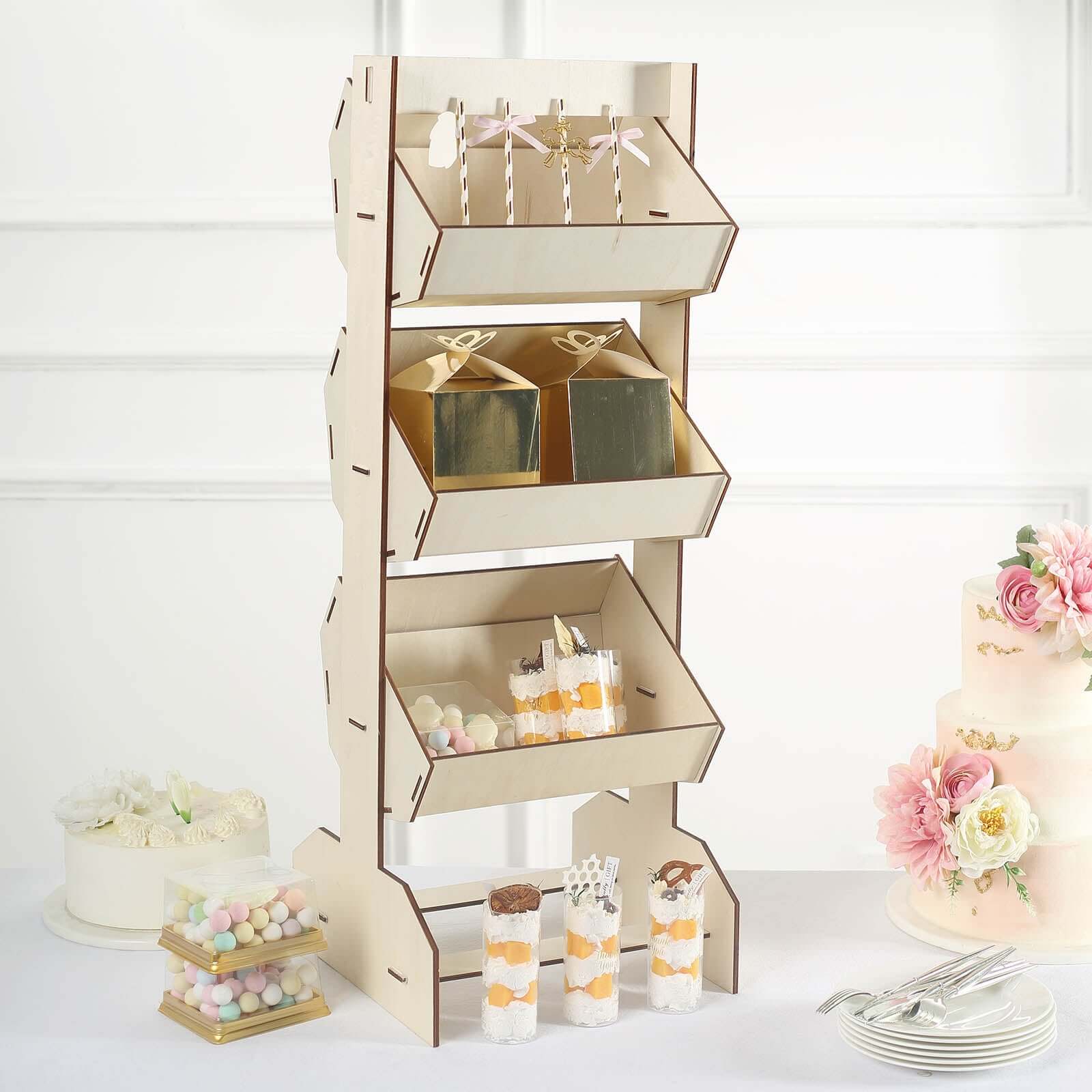 3-Tier Wooden Display Rack Basket Floor Standing Design Natural - Rustic Tabletop Cupcake Dessert Shelf Holder 33