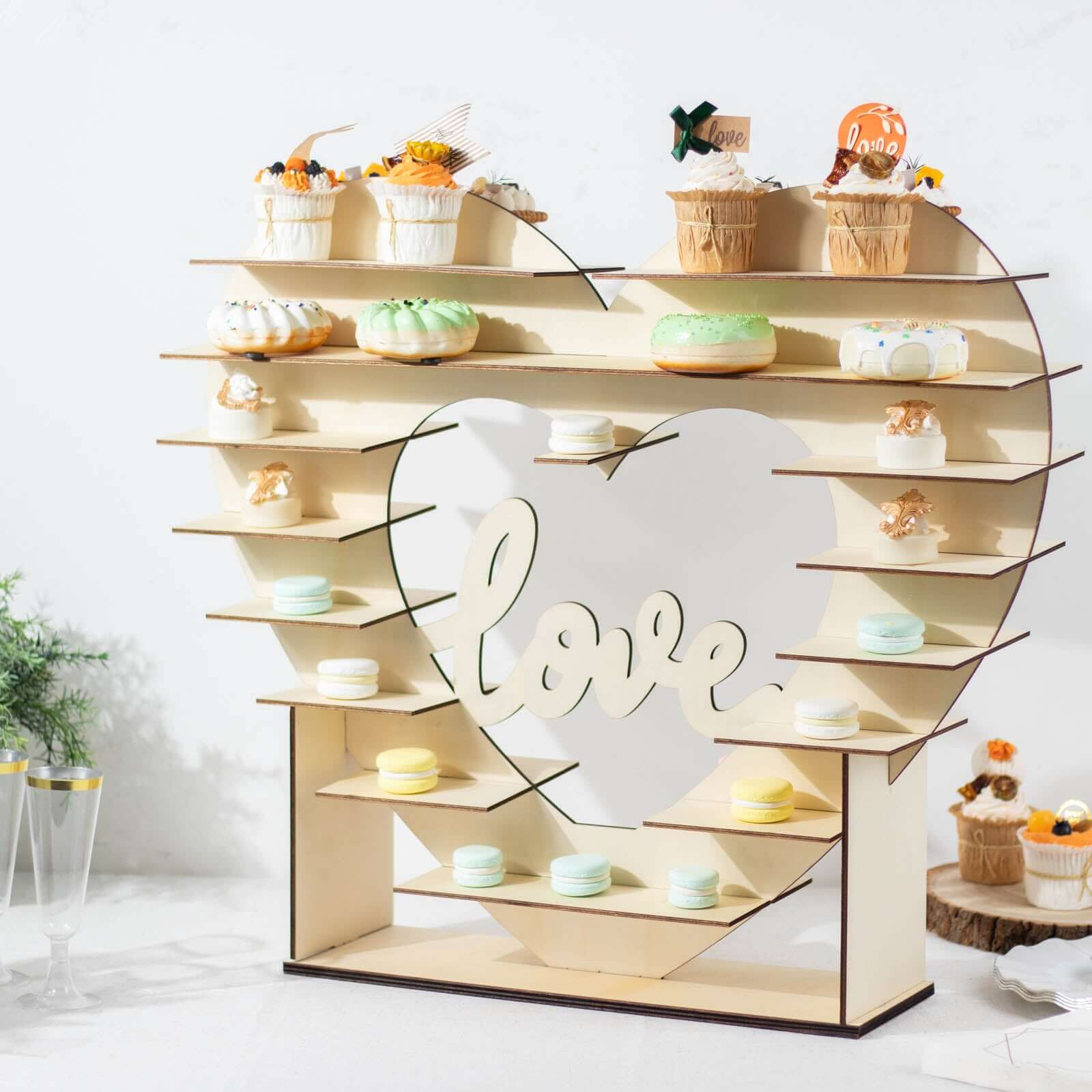 8-Layer Wooden Dessert Display Stand Heart Shaped Double Sided Design Natural - Love Cupcake Shelf Table Rack 26