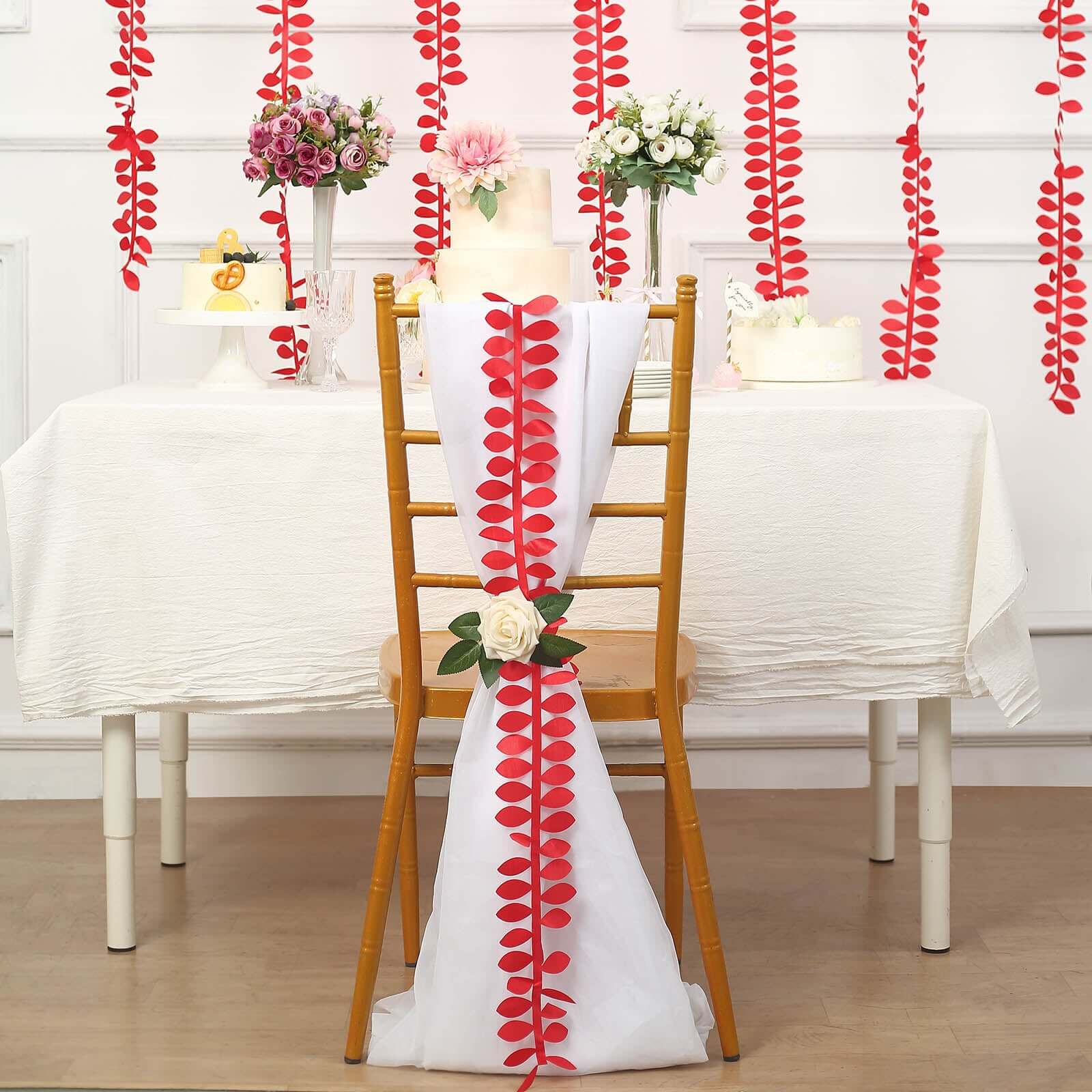 Taffeta Ribbon Sash with 4 Leaf Petal Design Red 50ft - Sophisticated Artificial Fabric Garland