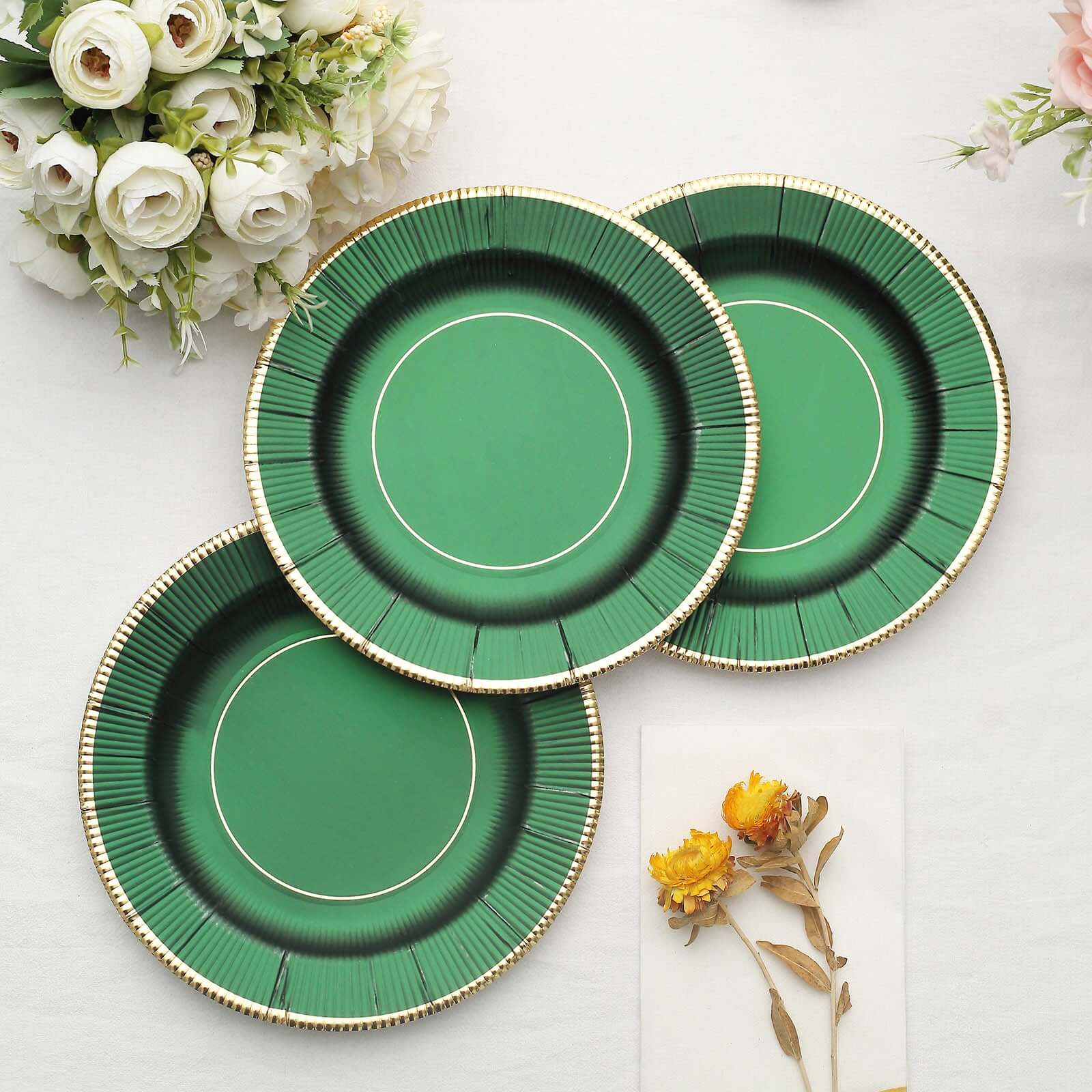 25-Pack Paper 8 Round Dessert Plates in Hunter Emerald Green Sunray Design with Gold Rim - Disposable Heavy Duty 350GSM Appetizer Salad Plates