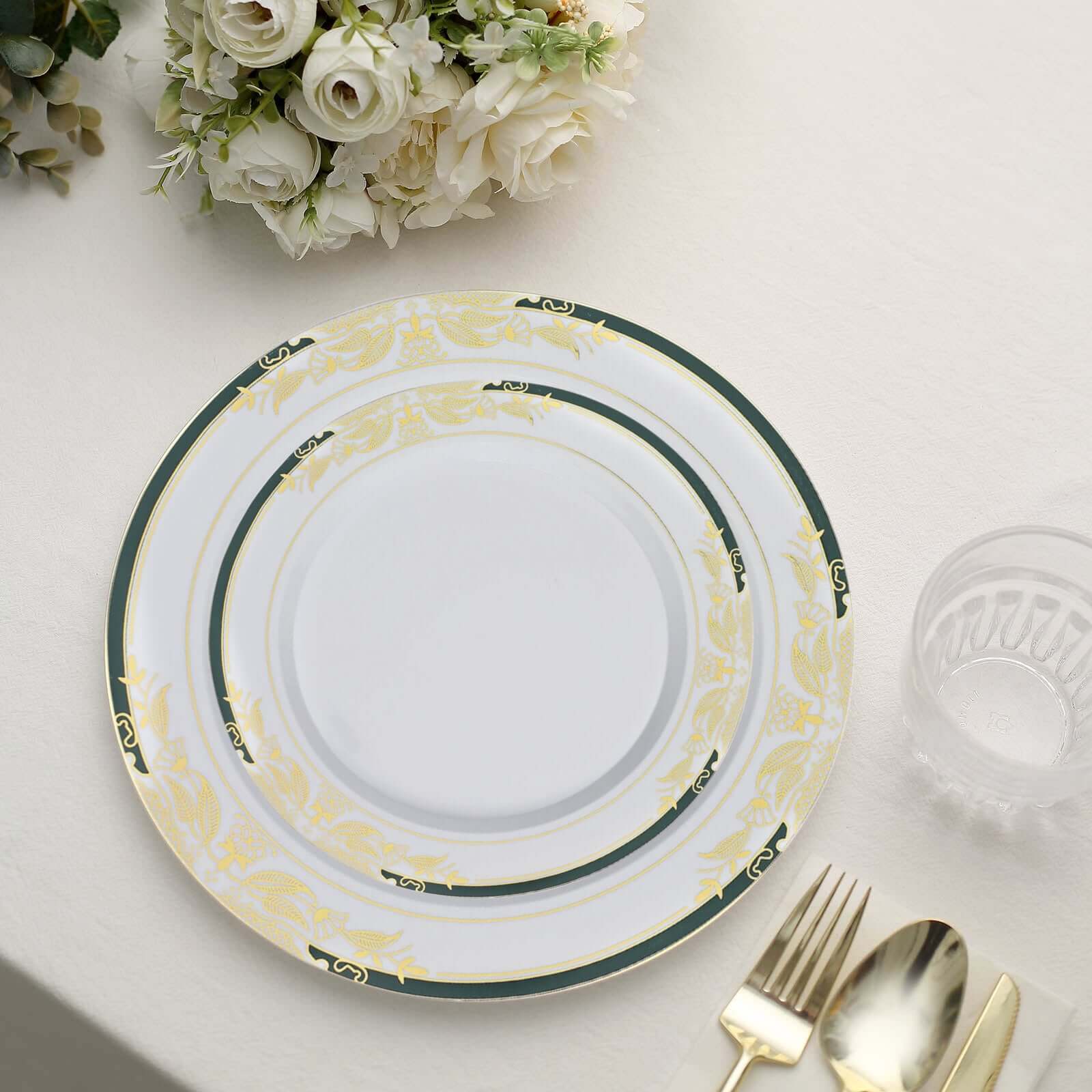 10-Pack Plastic 10 Round Dinner Plates in White with Hunter Emerald Green Rim - Stylish Gold Vine Design Disposable Party Plates for Special Occasions & Celebrations